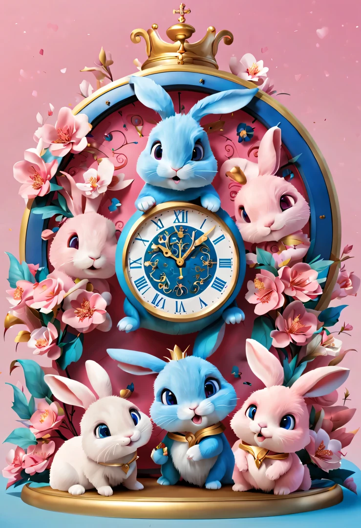 New Year's Eve 2023 and 2024 Poster Design, Mainly pink and blue. In the center of the poster, designed a golden bell (The time is 12 o'clock'bell). There are cute rabbits and dragons around the bell, blossom flower,bell, There is a heart connected in the middle,