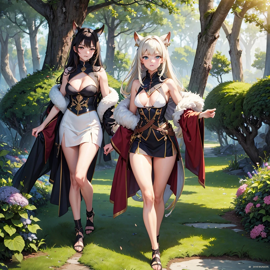 high-quality, high-resolution, anime, forest green and beastly fur, top-down view, full-body, facing forward, captain, warm sunlight, She has a lot of beautiful men with her, defensive formation, majestic expression, confident demeanor, long mane, brown, adorned armor and fur, piercing eyes, dignified mouth, deep amber eyes, furry texture, minimal exposure, moderate bust, mature age, strong and toned physique, dignified allure, luxurious collar and ornaments, sword and shield, armored footwear, intricate embroidery, elegant beasts in the forest, fantasy realm of beastmen, forest and castle landscape, sparkling magical particles, beastmen's castle, lush greenery and towering trees, clear sky, daytime, grand ambiance, (The background is rich and delicate)