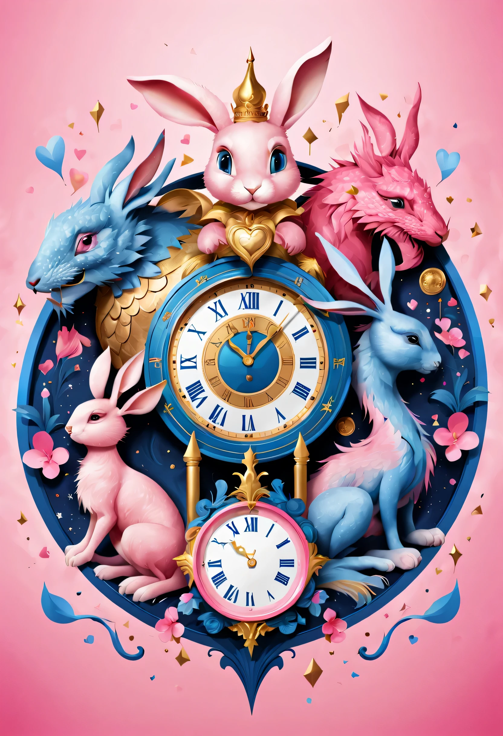 2024 New Year's Eve Poster Design,Pink and blue as main colors,In the center of the poster,Design a golden bell, (Hour and minute hands point to 12 o'clock'bell),A bunny above the bell and a dragon below,Describe the past and future respectively,There is a heart connected in the middle。