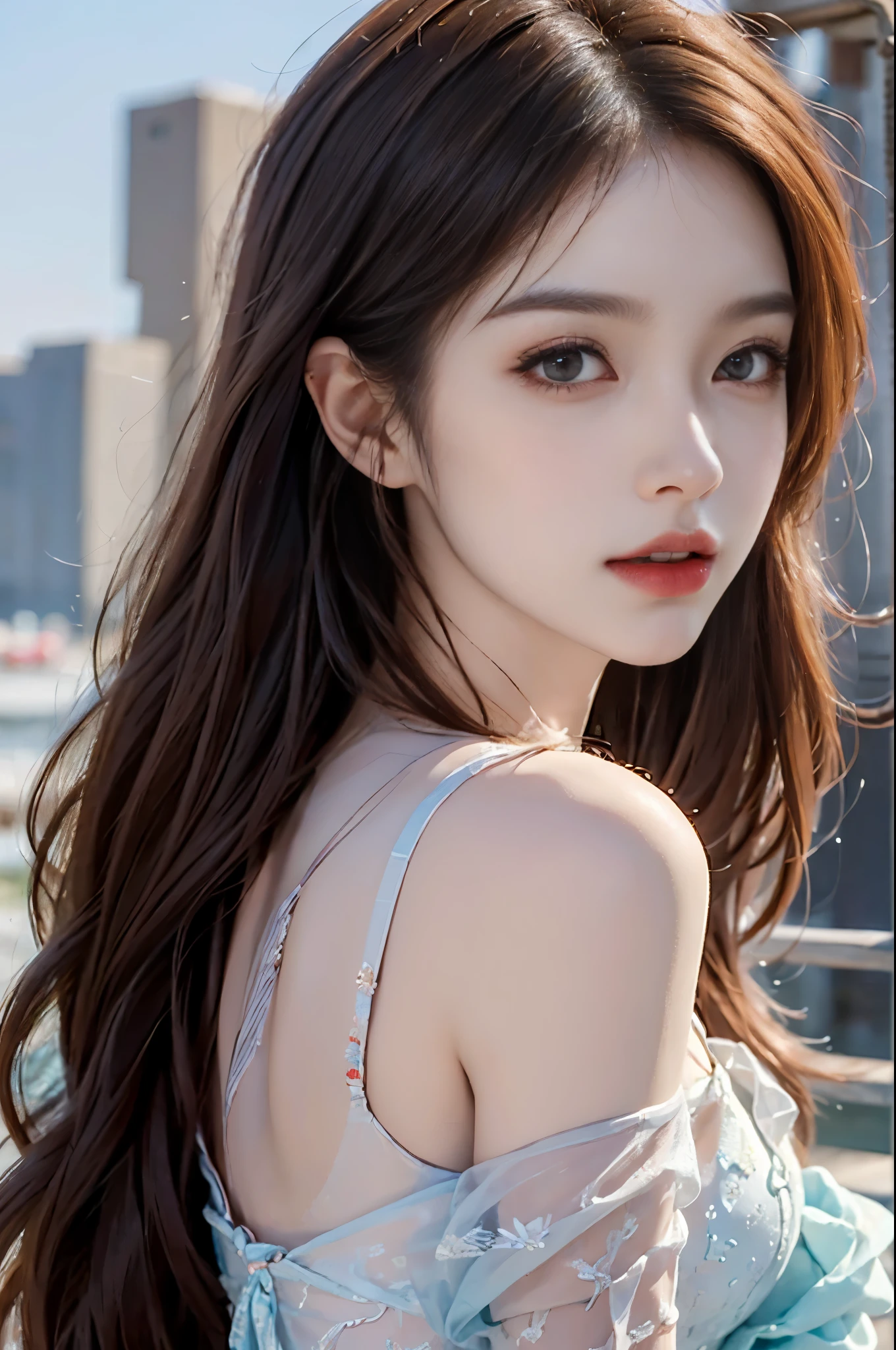 Sweet girl dress2,dress,, 1girl, fashi-girl,red lips,mature female,makeup, (Best quality, 8k, Masterpiece :1.3), (realistic, photorealistic: 1.37), (1girl), (Pretty woman in her 20s), (slim), (Japanese), (random pose), ((dark brown hair)), exquisite facial features, Super fine face, Fine eyes, Double eyelids,(wet body), (long hair, random hairstyle), (large breasts :1.3), (outdoors), (Ultra-detailed face), (Detailed eyes), (Double eyelids), (eyeshadow intensifying), (many eyelashes), (long legs), (professional lighting), (photon mapping), (radiosity), (looking directly at viewer)