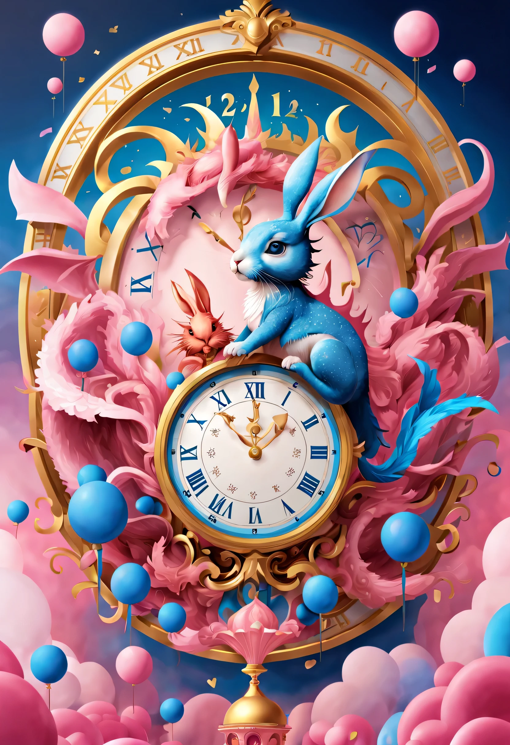 2024 New Year's Eve Poster Design,Pink and blue as main colors,In the center of the poster,Design a golden bell, (Hour and minute hands point to 12 o'clock'bell),A bunny above the bell and a dragon below,Describe the past and future respectively,There is a heart connected in the middle。