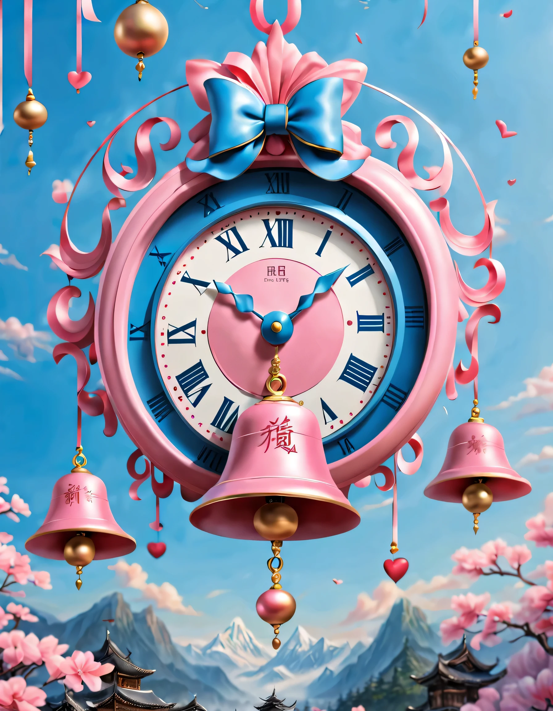 Mainly pink and blue,Represents memories and hopes。In the center of the poster,design a bell,Hour and minute hands point to 12 o'clock'bell'bell'bell,Represents the arrival of the New Year。Above and below the bell depict scenes from the past and the future respectively.,There is a heart connected in the middle。