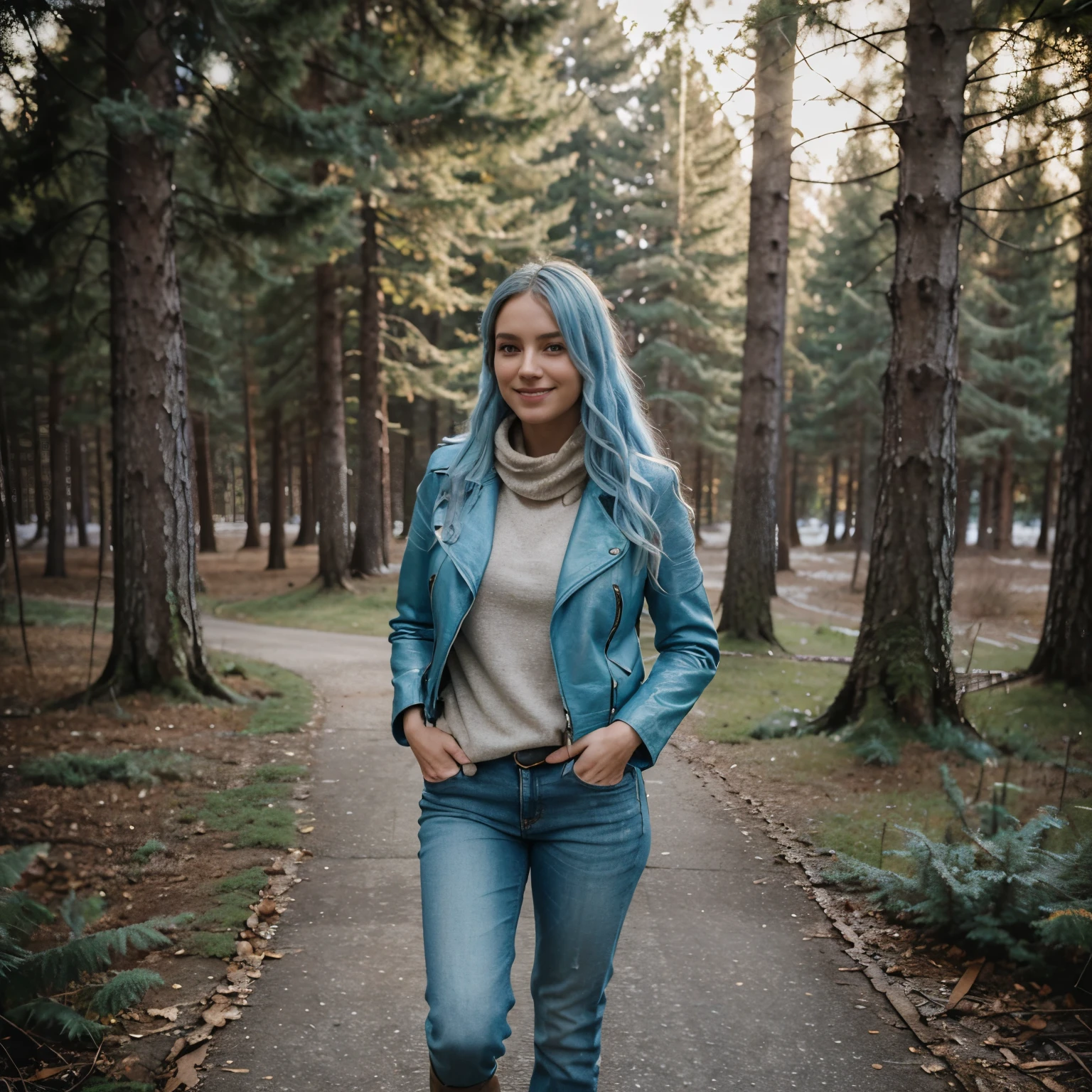 Full body view, 23 year old woman, beautiful woman, light blue hair, long wavy hair, Germany, pine forest, Germany, cute smile, luxury fashion, jeans, boots, leather jacket, Gucci, boss, fashion, winter in Germany, full outfit, fully clothed in pine forest, fully clothed, winter outfit, cute smile, highest quality, ultra realistic, hd, HDR, hyper detailed, , professional photoshoot, cinematic, ultra detailed, beautiful body, visually rich, concept art, luminous, intricate details, subtle colors, extremely detailed, ultra sharp focus, light particles, attention to detail, grandeur and awe, stunning visual masterpiece, double exposure, 32k, photorealistic, strong outlines, cinematographic scene, highest quality