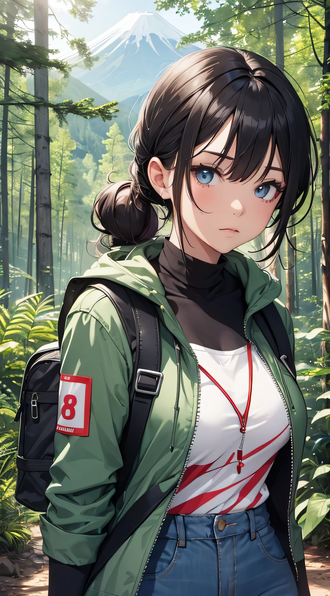 top-quality、Top image quality、masterpiece、s girl((18year old、 Ager、Best Bust、Medium bust,wide open breast tea、light blue eyerest, bionde、poneyTail、A slender,Large valleys、Yellow jacket、Black Gloves、Black tank top、blue military pants、flash lights、行走、Tired face、camping rucksack)),hiquality、Beautiful Art、Background with((jpn、Mt fuji、mountain road、the woods、natta))masutepiece、depth of fields、movie、visualart、Perfect Art