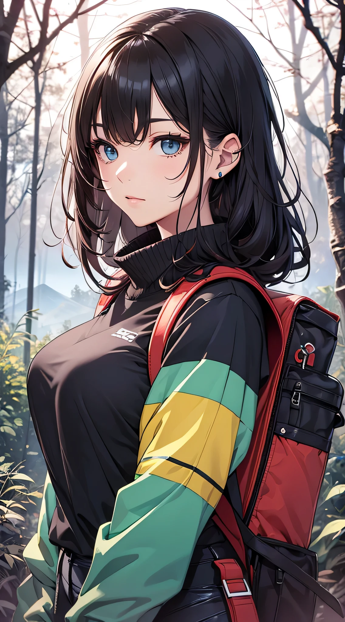 top-quality、Top image quality、masterpiece、s girl((18year old、 Ager、Best Bust、Medium bust,wide open breast tea、light blue eyerest, bionde、poneyTail、A slender,Large valleys、Yellow jacket、Black Gloves、Black tank top、blue military pants、flash lights、行走、Tired face、camping rucksack)),hiquality、Beautiful Art、Background with((jpn、Mt fuji、mountain road、the woods、natta))masutepiece、depth of fields、movie、visualart、Perfect Art