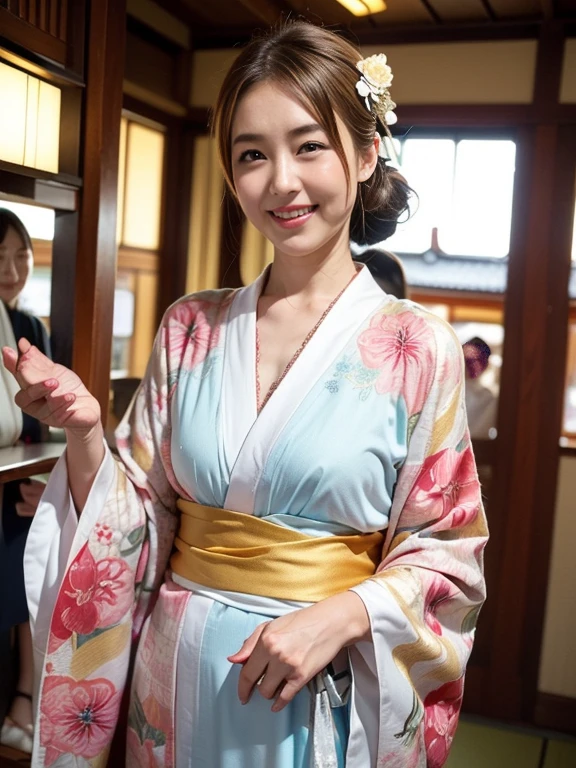 (high-level image quality、hightquality、hight resolution、detaileds、masterpiece)、(There are beautiful mature women)、(Looking at the camera:1.2)、With smiling eyes、(Japanese style hairstyle with a beautiful hairpin)、(Bright blonde hair)、(being thin:1.2)、(Small:1.2)、(Kimono-style lingerie with large decorations:1.2)、(Garter belt with collar, bangles, and kimono-style decorations:1.2)、(holding a golden dragon in both hands)、The pose is so cute and nice、(Visiting a shrine in the middle of the day to make a first visit to the shrine:1.2)