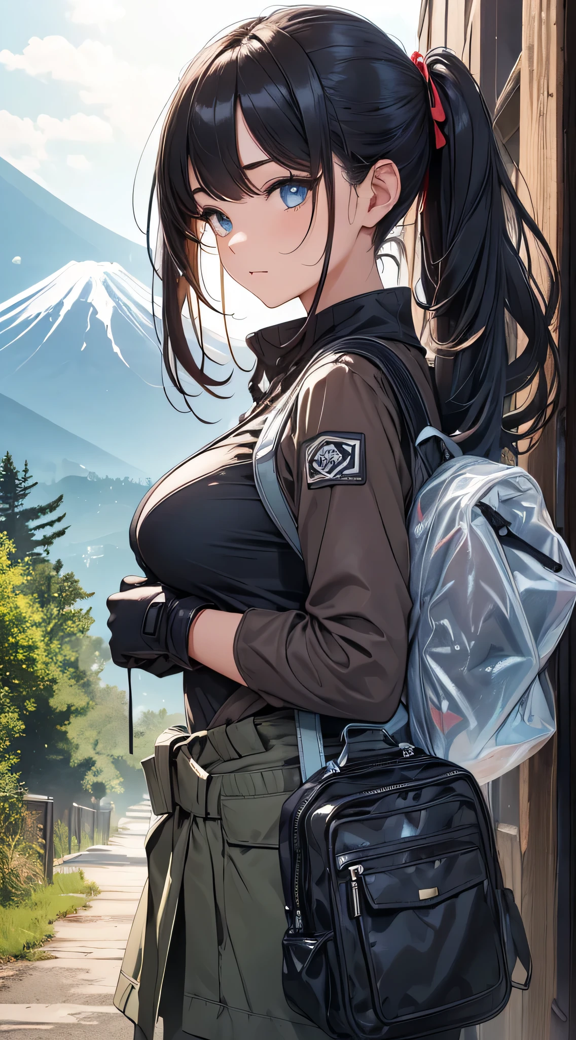 top-quality、Top image quality、masterpiece、teens girl((18year old、 Ager、Best Bust、Medium bust,wide open breast tea、light blue eyerest, bionde、poneyTail、A slender,Large valleys、Yellow jacket、Black Gloves、Black tank top、blue military pants、flash lights、行走、Tired face、camping rucksack)),hiquality、Beautiful Art、Background with((jpn、Mt fuji、mountain road、the woods、natta))masutepiece、depth of fields、movie、visualart、Perfect Art