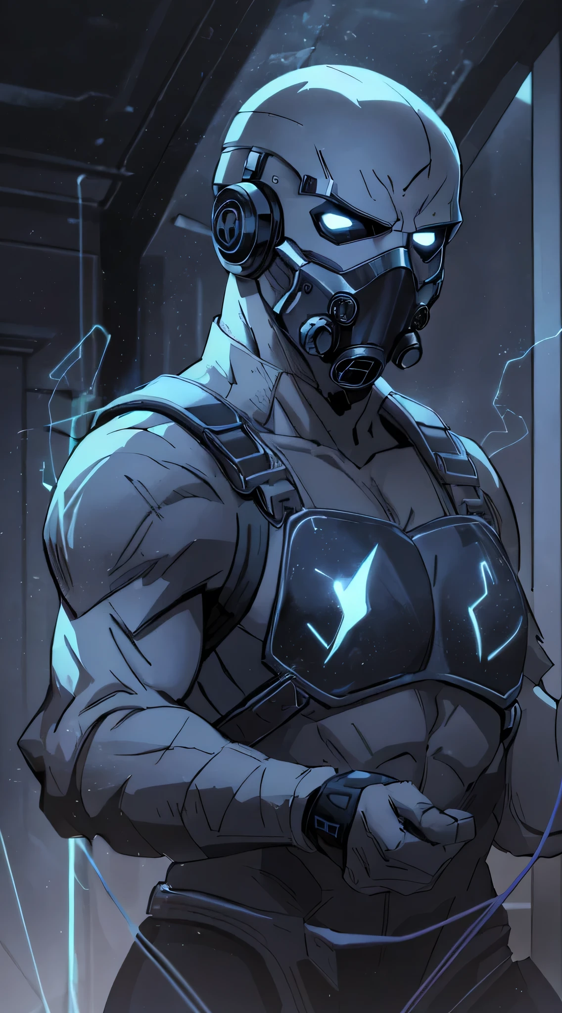 top-quality、Top image quality、masterpiece、One character((Combat Armor、black full face mask,Black spacesuit、gas masks、Holding a knife in your right hand、hold a crowbar in your left hand、well-muscled、Green glowing body line、bulletproof vest、fighting poses、Blue Blood)),hiquality、Beautiful Art、Background with((Inside the spacecraft、dark ilumination、Dark smoke、broken cable))、masutepiece、Elaborate design、visualart、Perfect Art、Horror movie style、
