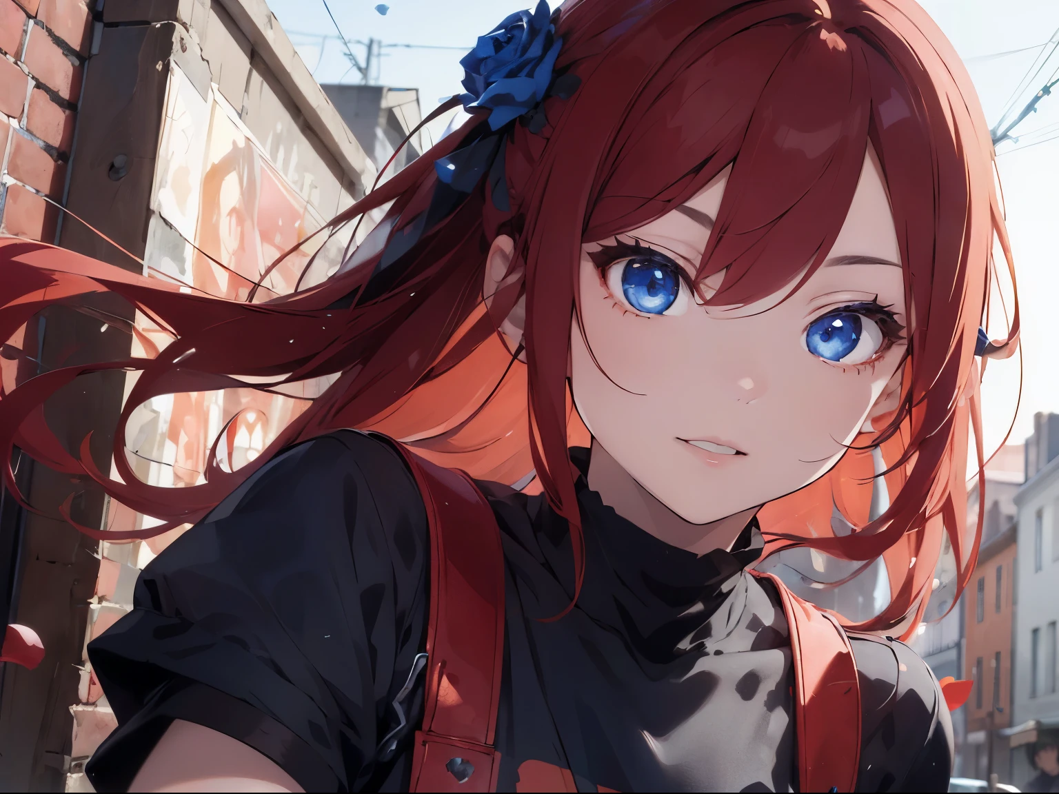 ((best quality)), ((masterpiece)), (detailed), perfect face make with long red hair, pale peach skin, and blue eyes, wearing a eboy outfit, black rose petals circling around him