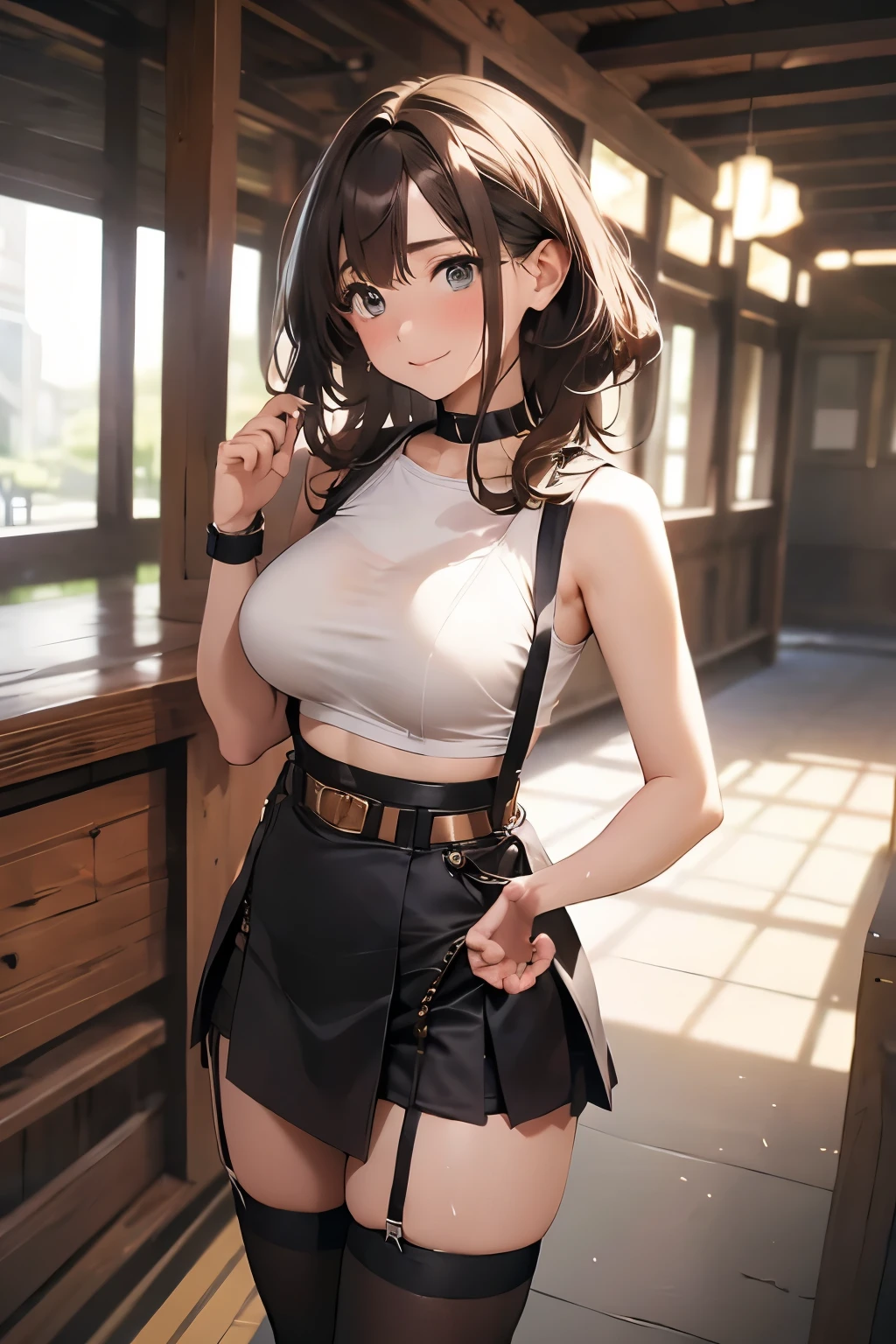 Brown hair、watching at viewers　　suspenders　　　Bulging big breasts　　 　 　　　　Black miniskirt　garterbelts　knee high socks　　　　　　Gaze　　　Small face　bangss 　　　　　Beautuful Women　　hands up　　 　Gaze 　Black boots 　provocation　　Armpit sweat　soio 　　Fold your hands behind your back　belt tank top　teats