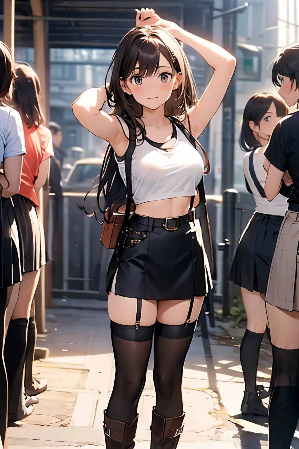 Brown hair、watching at viewers suspenders Bulging big breasts Black miniskirt garterbelts knee high socks Gaze Small face bangss Beautuful Women hands up Gaze Black boots provocation Armpit sweat soio Fold your hands behind your back belt tank top teats