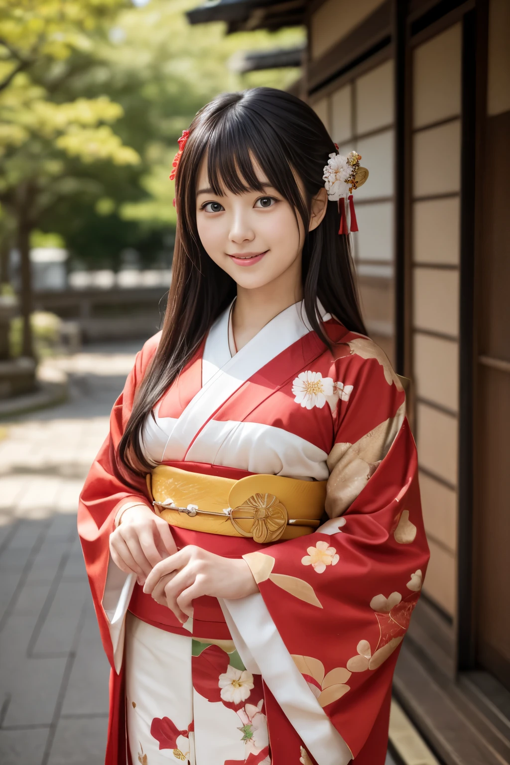 masutepiece, Best Quality, 8K, 20yr old, , Raw photo, absurderes, award winning portrait, Smile, Solo, Idol face, Delicate girl, Upper body, Digital SLR, Looking at Viewer, Candid, Sophisticated, Thin arms, Professional Lighting, Film grain, chromatic abberation, (Eyes and faces with detailed:1.0), (Bokeh:1.1) , Japanese-style room , closes mouth , (Red and white kimono、Sunny Clothes、furisode、Floral pattern in Japanese style:1.2) , A dark-haired , Japanese style hair ornament、