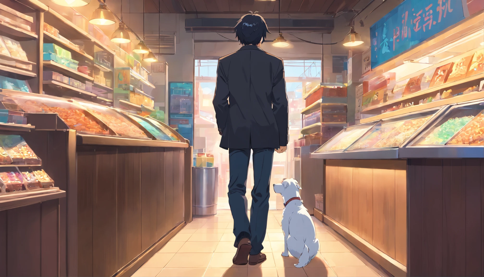 pet Shop,entrance,handsome and refreshing man, Black hair, Wearing a jacket,wearing black business pants, A white dog is nestled at my feet、back shot