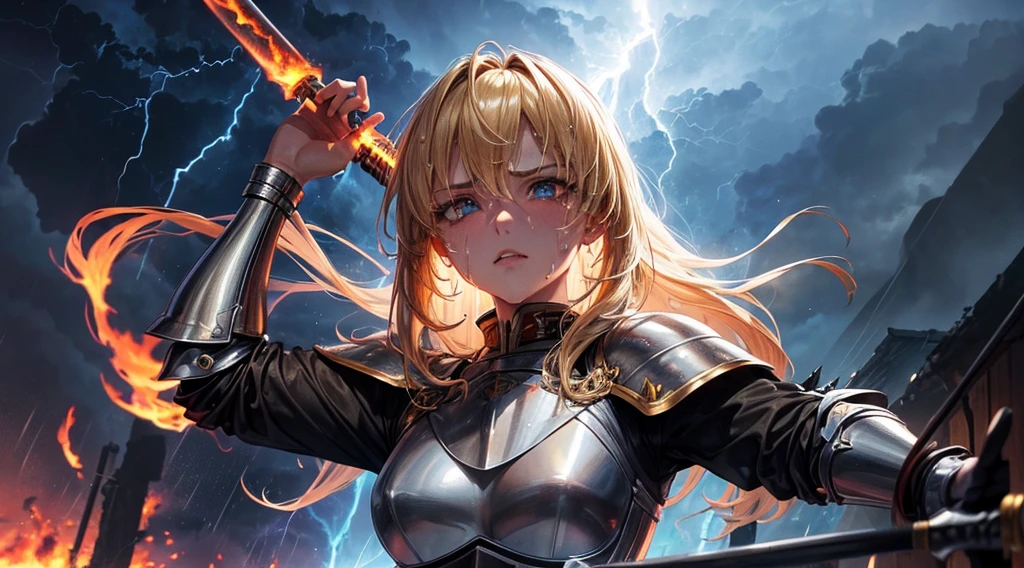 masterpiece,best quality,ultra detailed,(1Female Knight swinging a fire sword),upper body shot,(fire:1.4),blonde hair,long hair,blue eye,straight hair,blonde hair,look at viewer,(ThunderStorm:1.4),(Sweat:1.5)