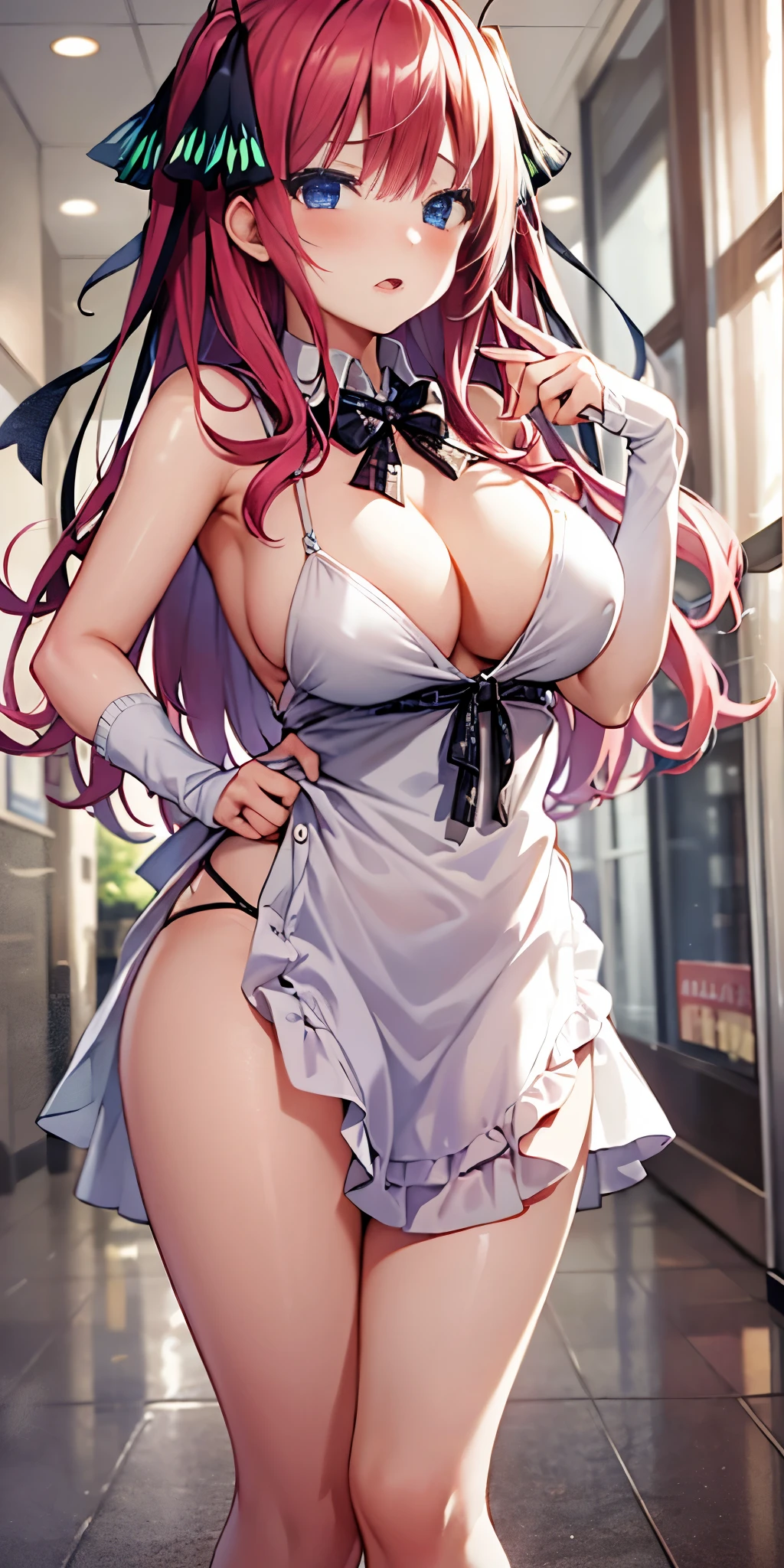 1girl, solo, nakano nino, pink hair, butterfly hair ornament, (naked:1.3), (white apron), large breasts, cleavage, thighs, cafe background, (blushing:1.3)