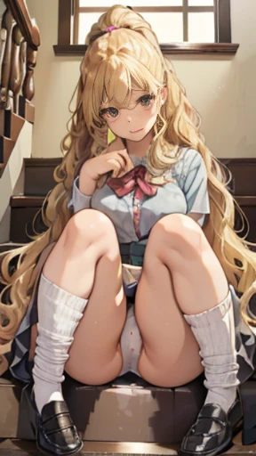 Masterpiece Top Quality High Resolution、Aina Ashida , Long hair, amazing curly hair、Sit with your knees bent、Eight-headed body、beauty legs 、in a school、Looking up from below、Ashamed、(Polka dot panties)、(nsfw:1.4),sitting in the middle of the stairs、(from below),Loafer shoes、((high position ponytail、super curly hair、Super long hair、a blond))、I can see the crack in the vagina、huge tit、(Thin leg、long legged)、