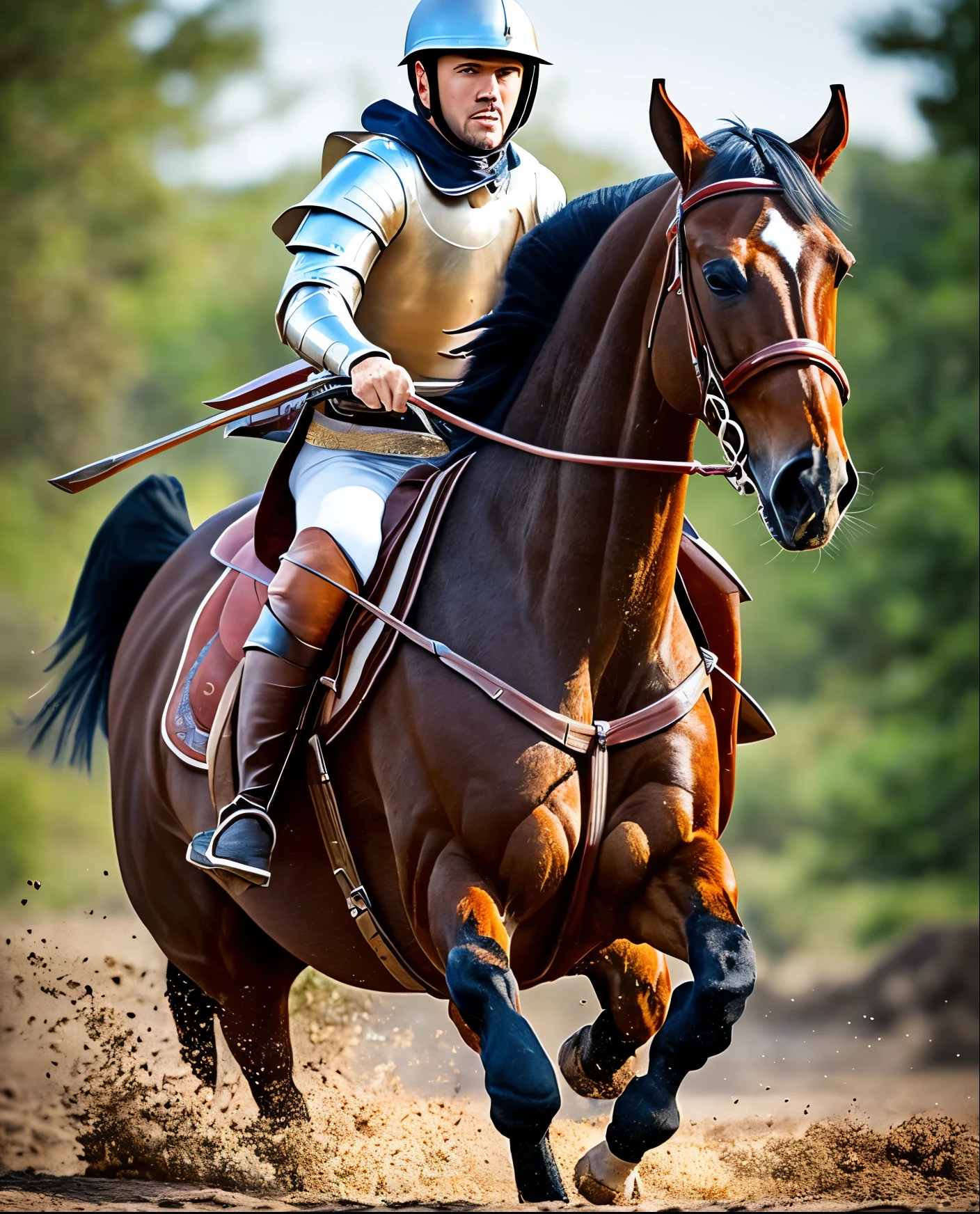A brave knight riding a horse on the battlefield, photorealistic, depth of fleld, superb sharpness, contast, photorealistic, 8K, natural lighting, HDR, 16k high resolution, --auto --s2