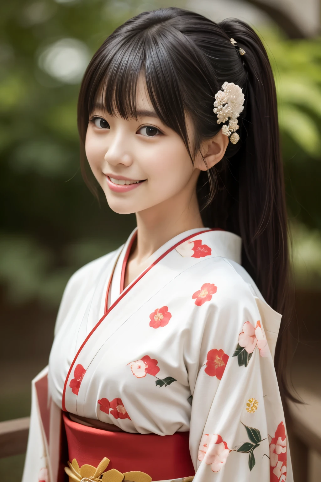 masutepiece, Best Quality, 8K, 20yr old, , Raw photo, absurderes, award winning portrait, Smile, Solo, Idol face, Delicate girl, Upper body, Digital SLR, Looking at Viewer, Candid, Sophisticated, Thin arms, Professional Lighting, Film grain, chromatic abberation, (Eyes and faces with detailed:1.0), (Bokeh:1.1) , Japanese-style room , closes mouth , (Red and white kimono、Sunny Clothes、furisode、Floral pattern in Japanese style:1.2) , A dark-haired ,　Japanese style hair ornament、