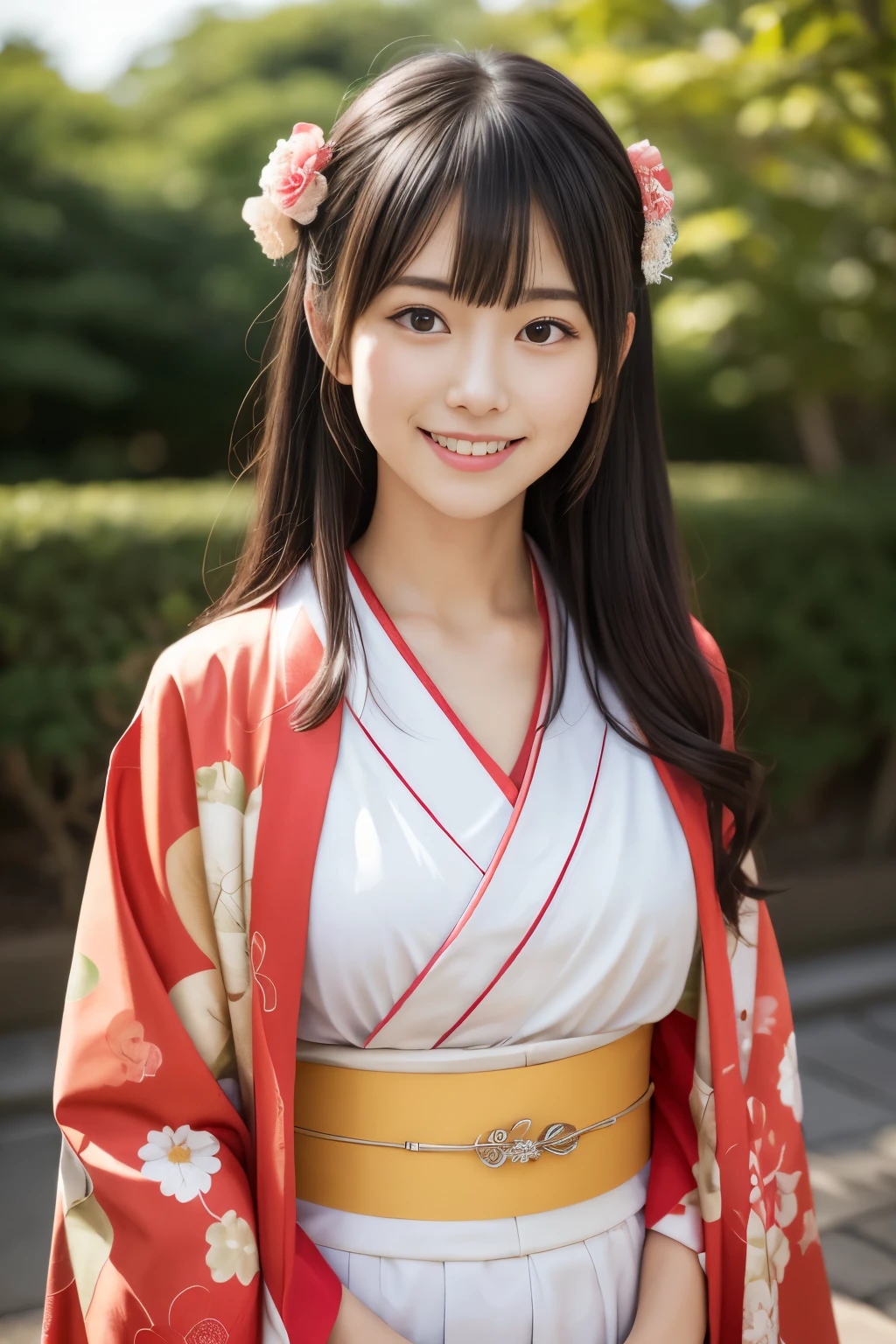 masutepiece, Best Quality, 8K, 20yr old, , Raw photo, absurderes, award winning portrait, Smile, Solo, Idol face, Delicate girl, Upper body, Digital SLR, Looking at Viewer, Candid, Sophisticated, Thin arms, Professional Lighting, Film grain, chromatic abberation, (Eyes and faces with detailed:1.0), (Bokeh:1.1) , Japanese-style room , closes mouth , (Red and white kimono、Sunny Clothes、furisode、Floral pattern in Japanese style:1.2) , A dark-haired , Japanese style hair ornament、