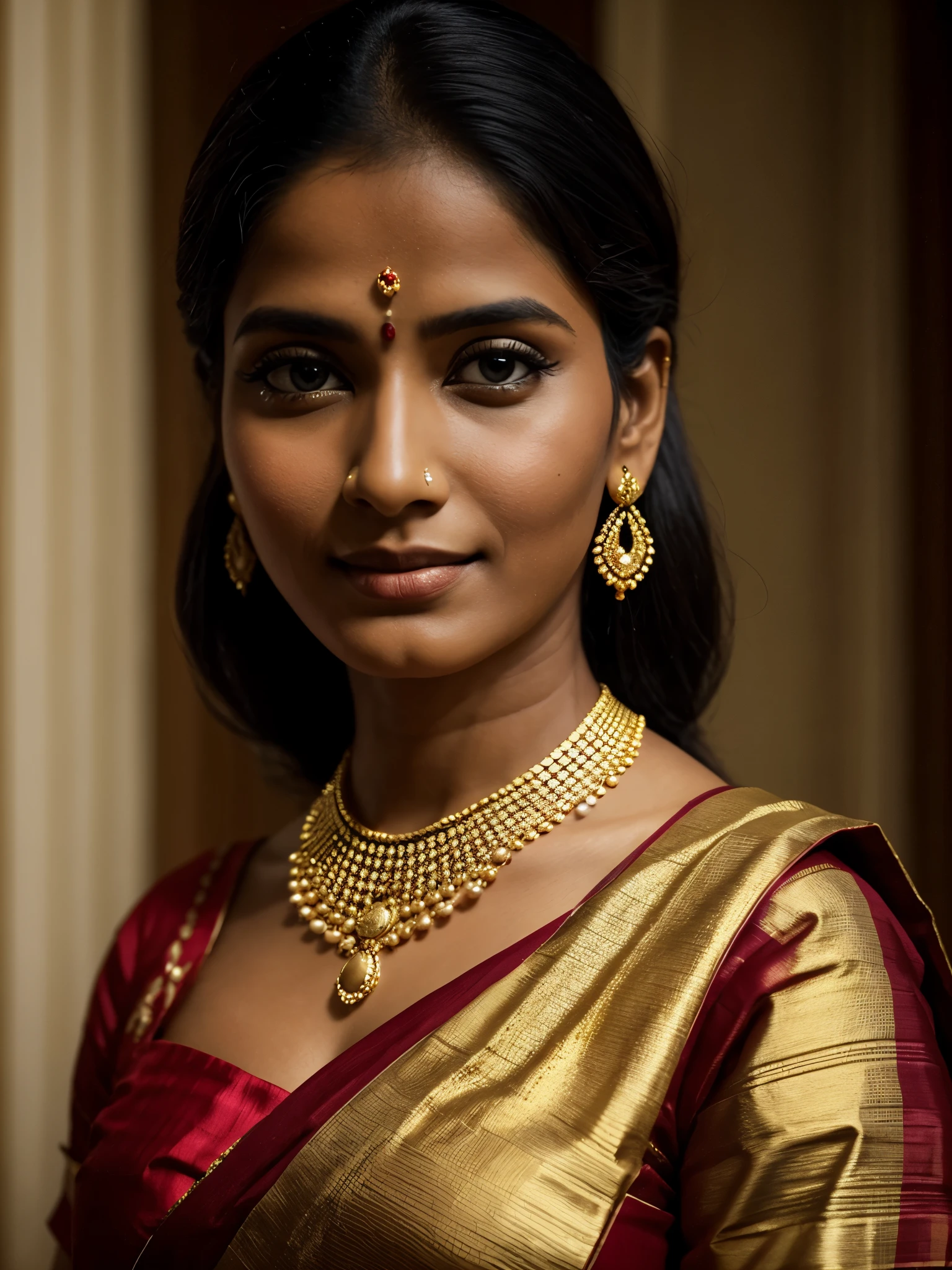 a woman in a colorful sari and gold jewelry poses for a photo, a portrait inspired by T. K. Padmini, trending on cg society, hurufiyya, traditional beauty, very beautiful enga style, wearing bihu dress mekhela sador, aesthetic, with kerala motifs, Indian super model, dressed in a sari, official