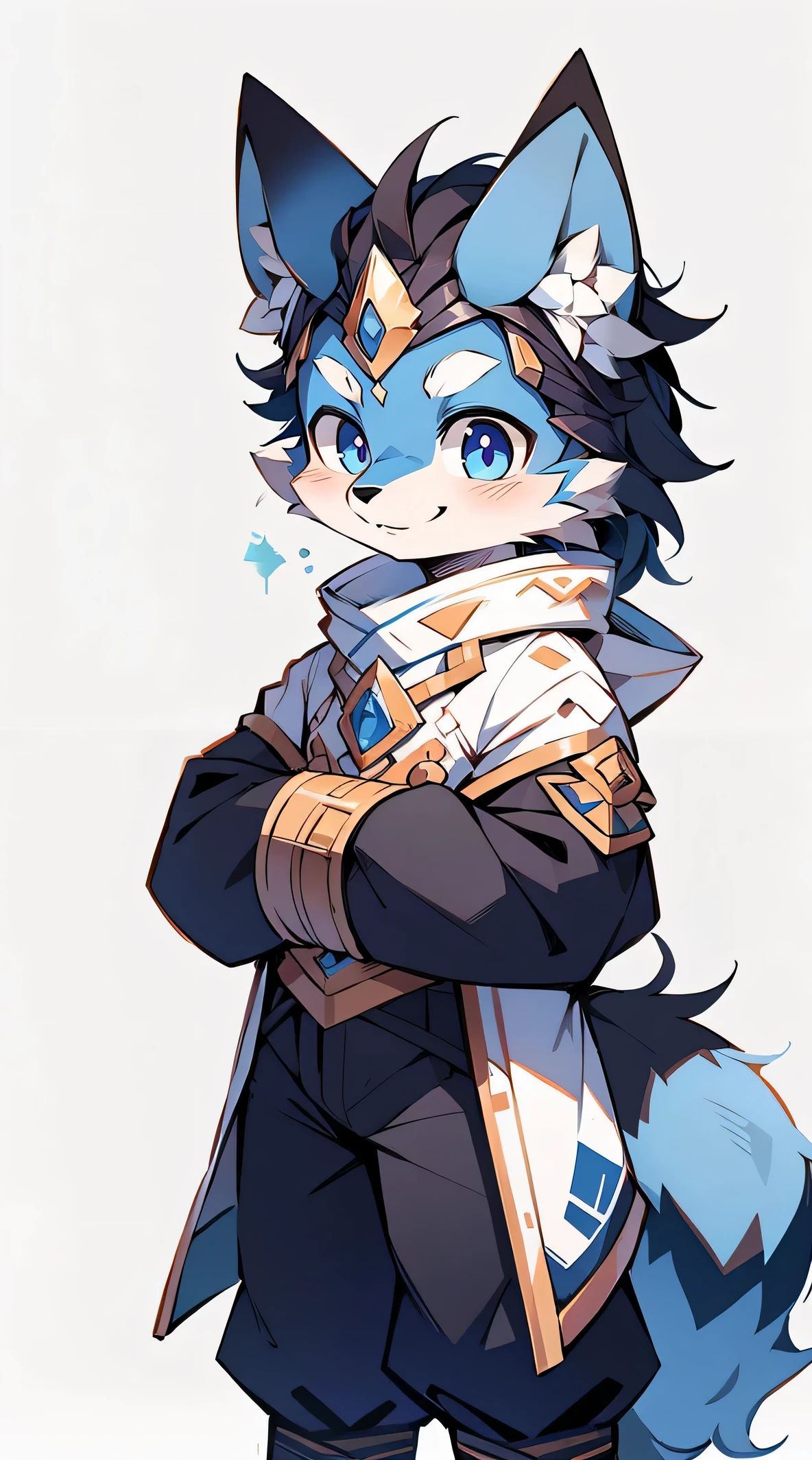 A wolf with a height of 180CM,bluish violet eyes, , cabelos preto e longos, end,The crotch is slightly raised,white colors,with smile,Two small ears,White-skinned 0-year-old wolf,深bluish violet eyes, cabelos preto e longos, 稍微突出with smile, Two pointed ears, and white skin.Face you。