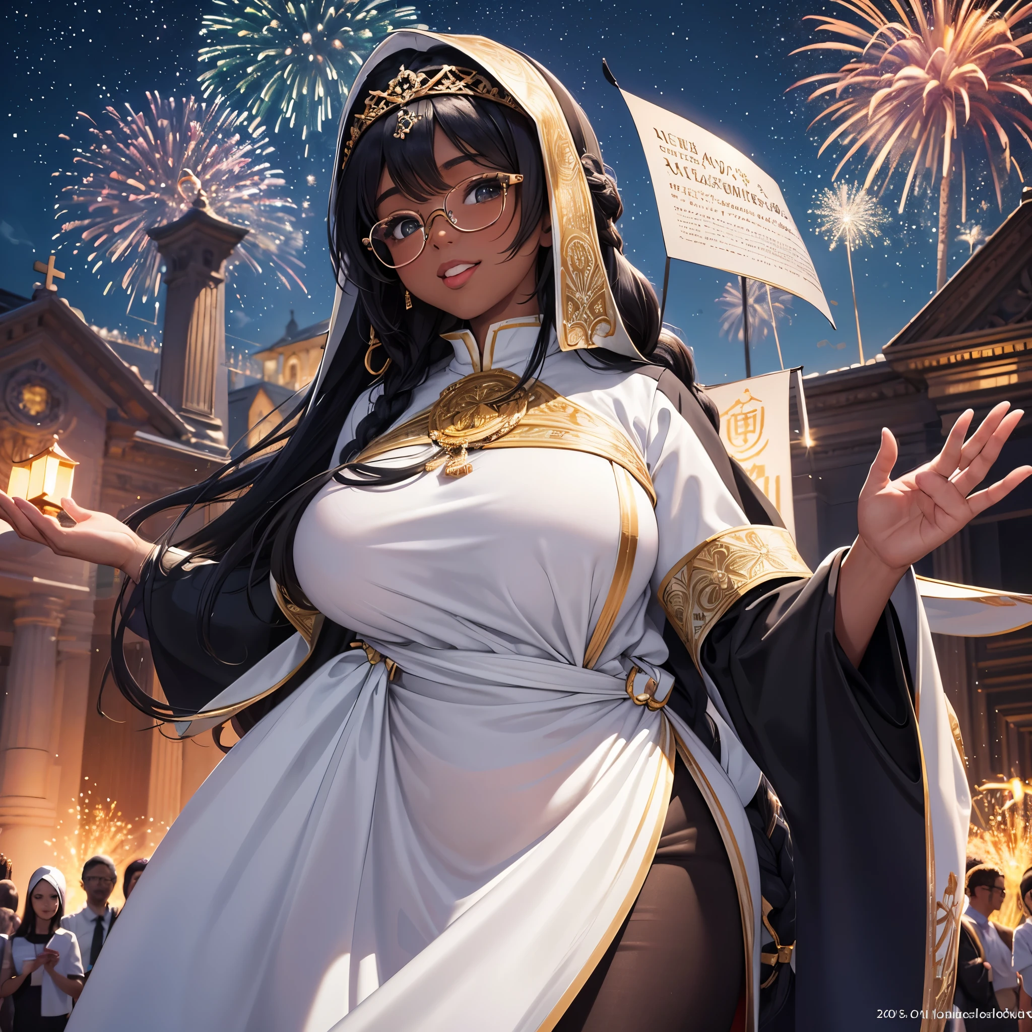 masterpiece, 8k, ultra high definition, unreal engine, ultra detailed, ultra high resolution, ultra focus, beautiful fat girl, black girl, round face, curvy body, dreadlocks, dark skin, glasses, wearing a white long white african dress, in front of church, 31st night, people in the background all wearing white, night sky, fireworks, detailed background, joyous occasion, no watermarks, new year celebration,