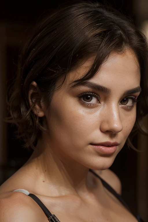 Breathtaking cinematic photo of a 30 year old girl with brown hair and brown eyes, happy, cheerful expression, closed mouth, beautiful lips, intricate details, shallow depth of field, highly detailed, high budget, epic Hollywood film, gorgeous, masterpiece, award-winning, professional, highly detailed, detailed skin texture, (blush: 0.5), (goosebumps: 0.5). (the most beautiful woman in the world) (brown hair) (short curly hair, wild hair, stylish cut) thin face, thin nose, beautiful, very beautiful, perfect face, slender body (slender), (brown hair) (brown eyes ) (white skin) Beautiful body, western face, predatory eyes, pink lips, thick thighs. full body, western beauty, thin nose, beautiful, perfect, ((best quality)), ((ultra resolution)), ((photorealistic: 1.4)), (intricate details), perfect face, makeup: 1.5 , clear face, facial details. front view ((uniform, tactical costume, agent costume, spy))