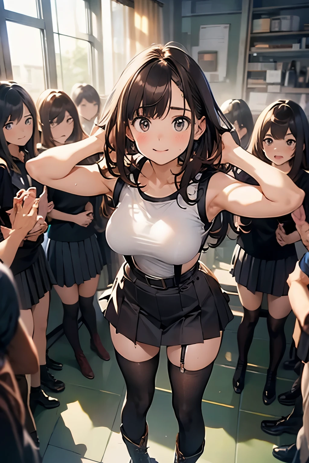 Brown hair、watching at viewers　　suspenders　　　Bulging big breasts　　 　 　　　　Black miniskirt　garterbelts　knee high socks　　　　　　Gaze　　　Small face　bangss 　　　　　Beautuful Women　　hands up　　 　Gaze 　Black boots 　provocation　　Armpit sweat　soio 　　Fold your hands behind your back　belt tank top　teats