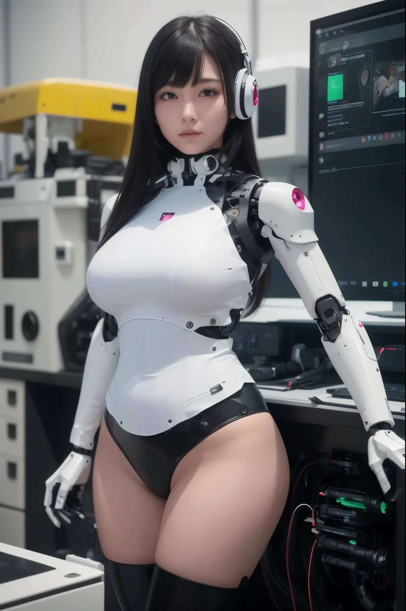 masterpiece, best quality, extremely detailed, (8K, 4K, Best Quality, hight resolution, 超A high resolution:1.1), (masutepiece, Realistic, Photorealsitic:1.1),8k portrait, Japaese android Girl,Plump , announcer,control panels,android,Droid,Mechanical Hand, Robot arms and legs, Black Robot Parts,Black hair,Mechanical body,Blunt bangs,perfect mechanical abdomen,White robotics parts,perfect robot woman,future laboratory,cyber pank,charging spot,laboratory,long tube,thick cable connected her neck,ceramic body ,perfect mechanical body, white robot body,android,robot humanoid,black sponge joints,The removable cover is in the groin,The connection port is in the groin,opened chest panel,access panel on the chest,opened breast panel,perfect mechanical breast,white machine body,white robot body,white ceramic breast,perfect plastic breast,She has repaired,assembly plant,miniskirt,leather boots