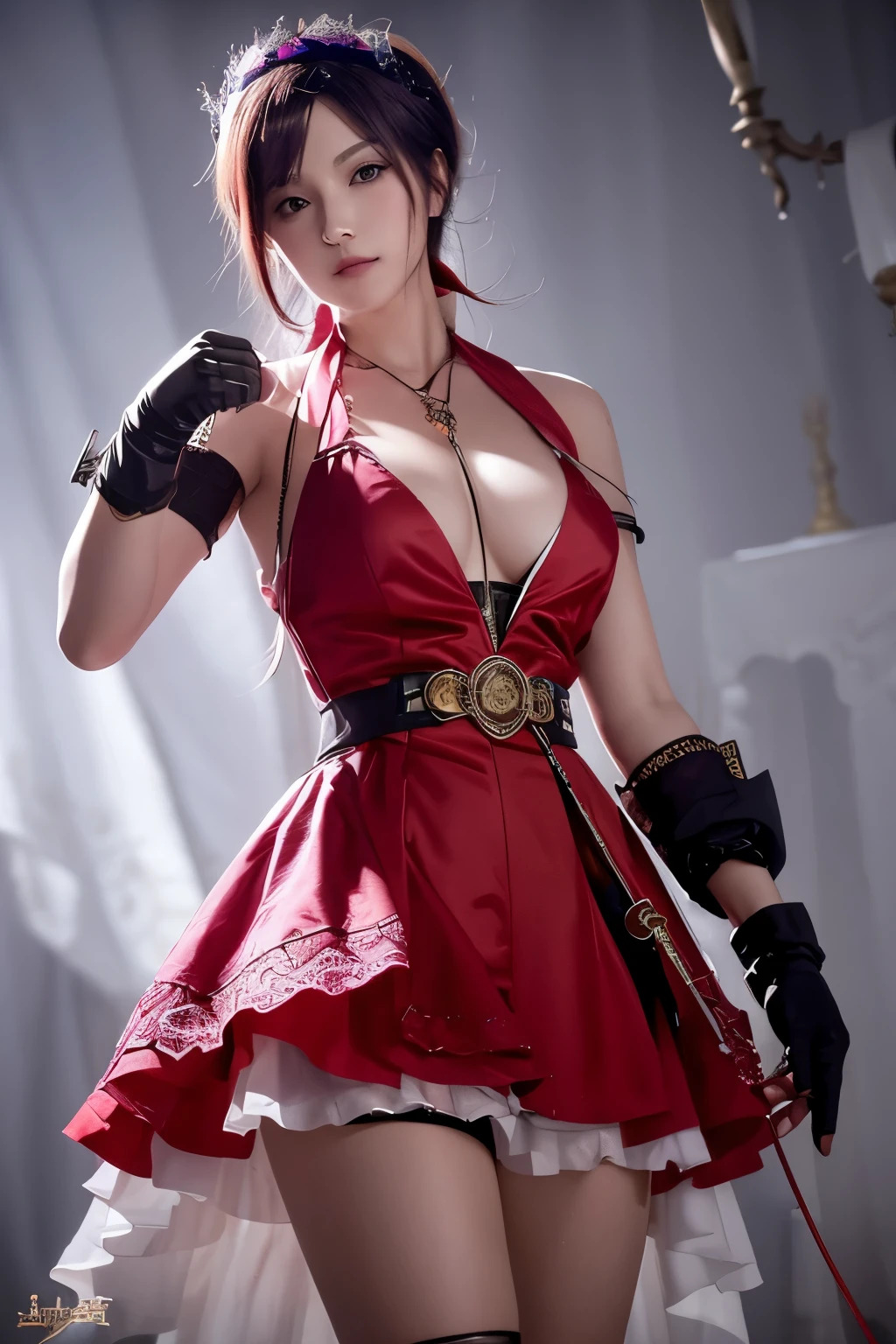 highly detailed, 8k, masterpiece, 1girl, Red tied_hair, dress , crazy_smile, (perfect_face), detailed_background, full_body, bloom,(beautiful lighting:1.3), caustics, dynamic lighting, from_below