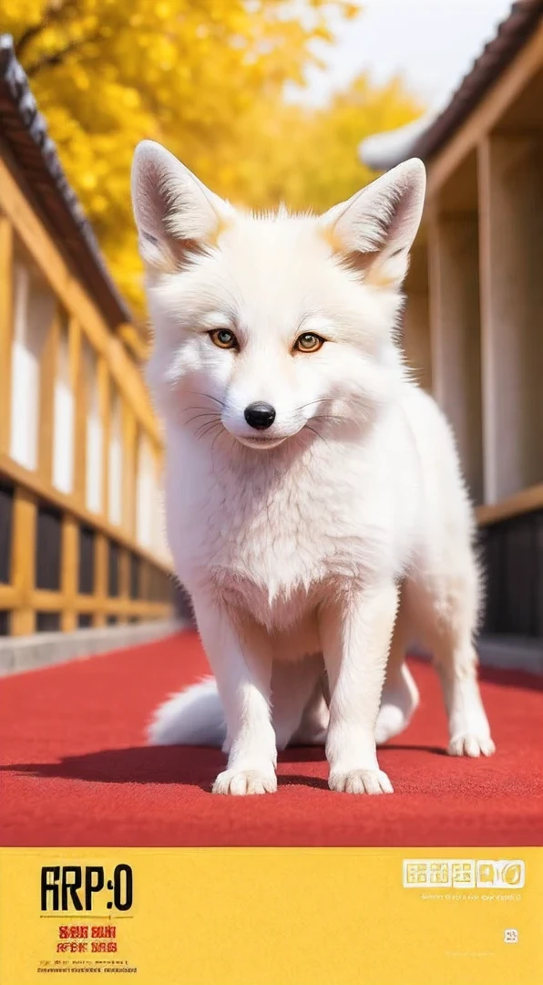 masutepiece, Best Quality, Front view, all-fours, 8K, 4K, head shot, Golden background, temple, pure white fox, one white fox, Mrs. Inari, Red cover, On the red carpet, Front viewing, head shot, looking at me,