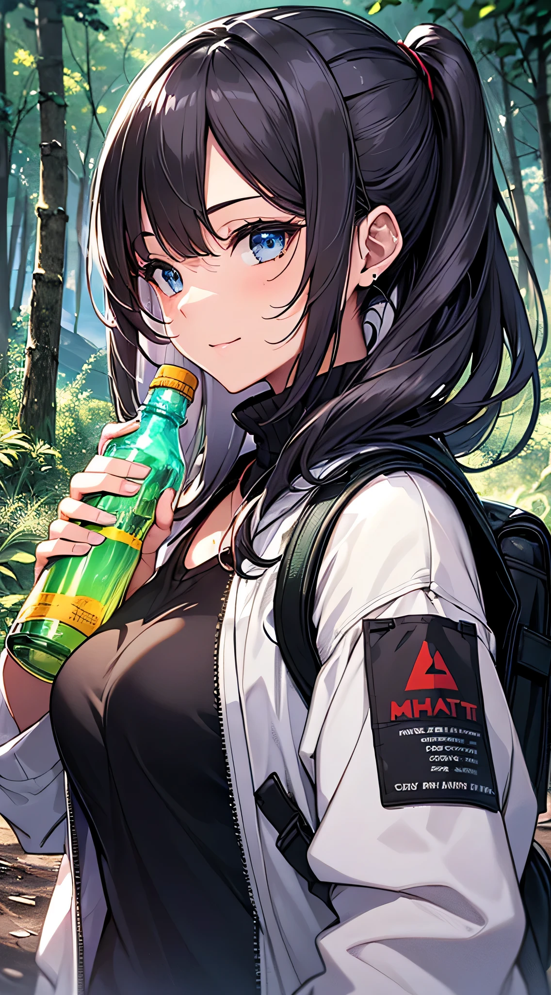 top-quality、Top image quality、masterpiece、teens girl((18year old、 Ager、Best Bust、Medium bust,wide open breast tea、light blue eyerest, bionde、poneyTail、A slender,Large valleys、Yellow jacket、black glow black tank top、blue military pants rush light、行走、Happy face、camping rucksack、Holding a plastic bottle)),hiquality、Beautiful Art、Background with((jpn、Mt fuji、mountain road、the woods、))masutepiece、depth of fields、movie、visualart、Perfect Art