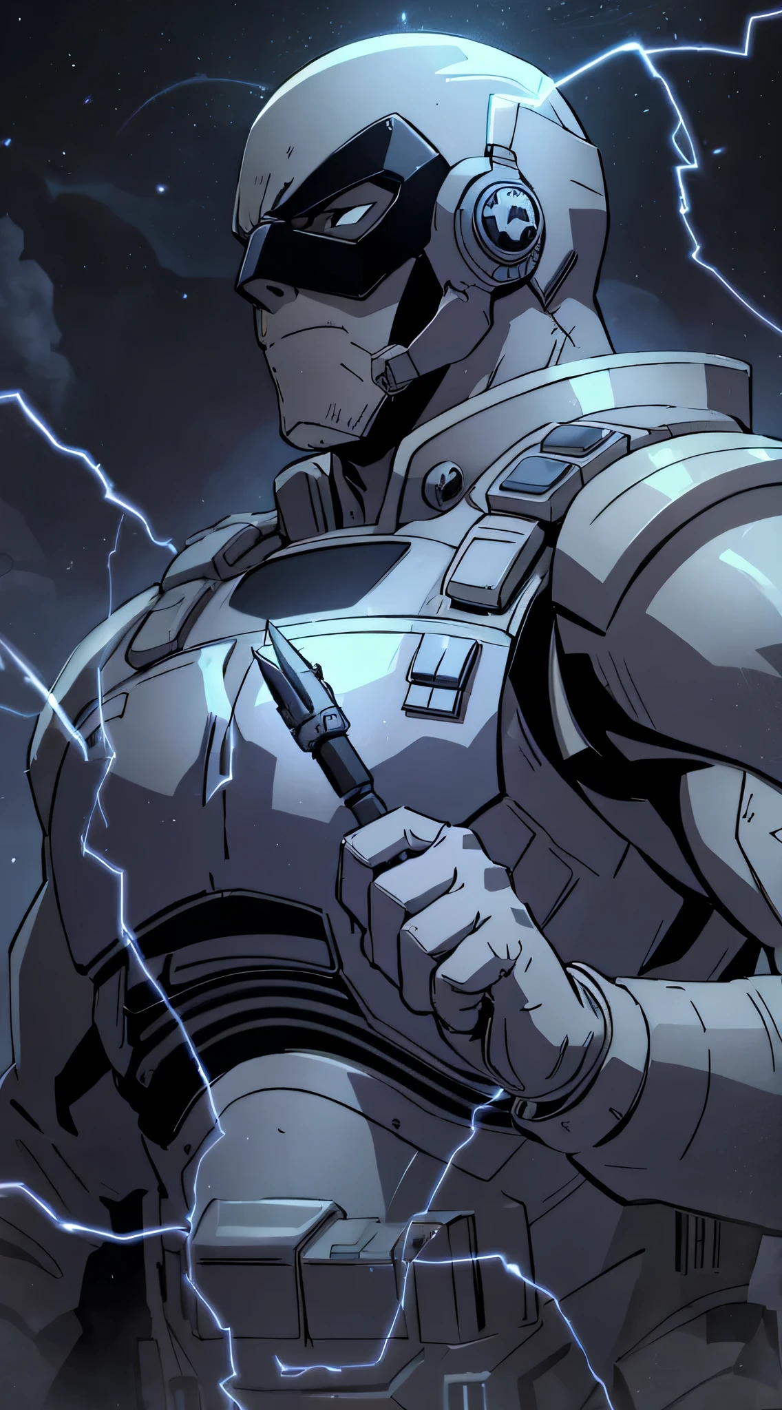 top-quality、Top image quality、masterpiece、One character((gray battle armor、white full face mask,White spacesuit、gas masks、Holding a knife in your right hand、hold a crowbar in your left hand、well-muscled、best macho、bulletproof vest、blood in fighting pose)),hiquality、Beautiful Art、Background with((Inside the spacecraft、dark ilumination、Dark smoke、broken cable))、masutepiece、Elaborate design、visualart、Perfect Art、Horror movie style、