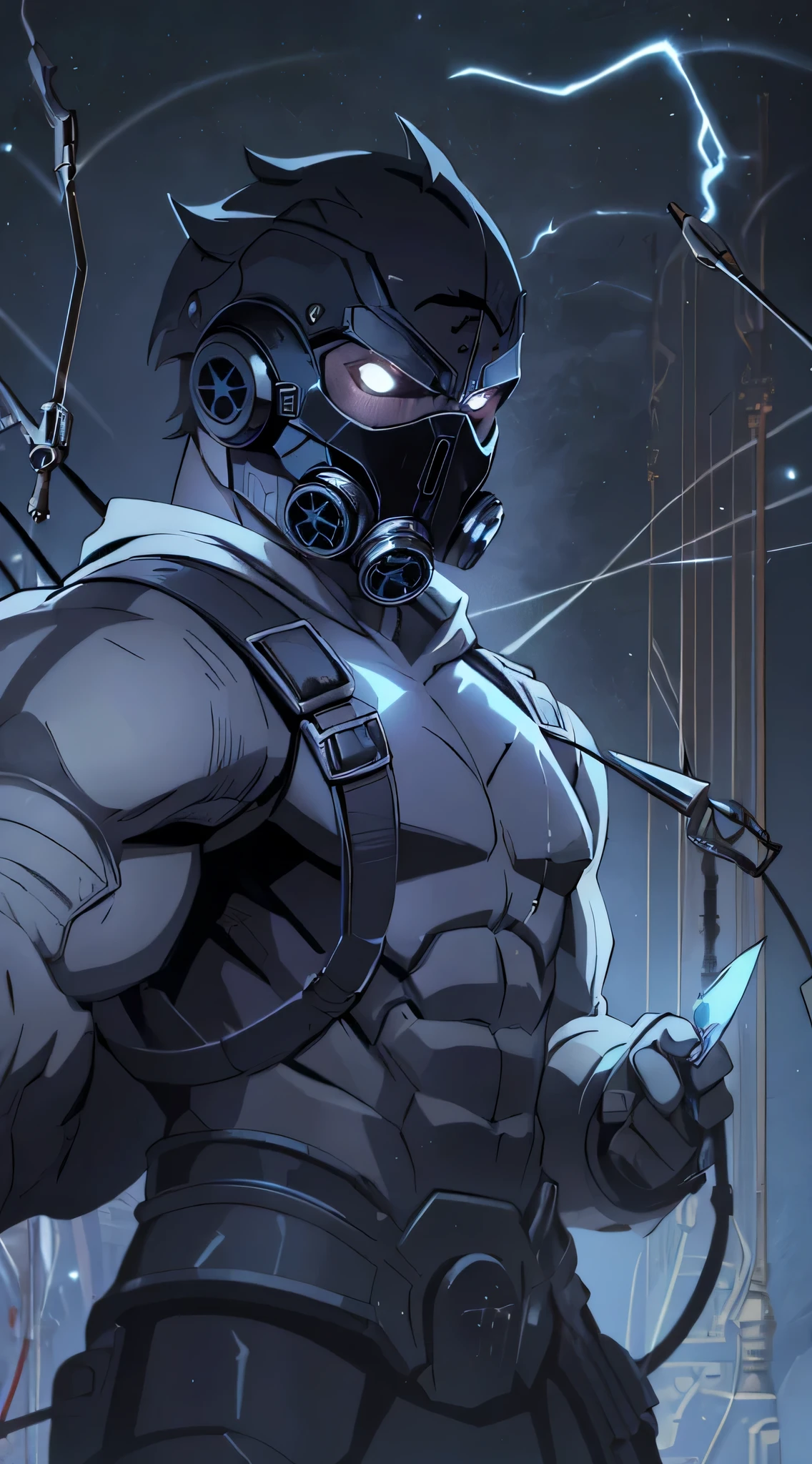 top-quality、Top image quality、masterpiece、One character((gray battle armor、white full face mask,White spacesuit、gas masks、Holding a knife in your right hand、hold a crowbar in your left hand、well-muscled、best macho、bulletproof vest、blood in fighting pose)),hiquality、Beautiful Art、Background with((Inside the spacecraft、dark ilumination、Dark smoke、broken cable))、masutepiece、Elaborate design、visualart、Perfect Art、Horror movie style、