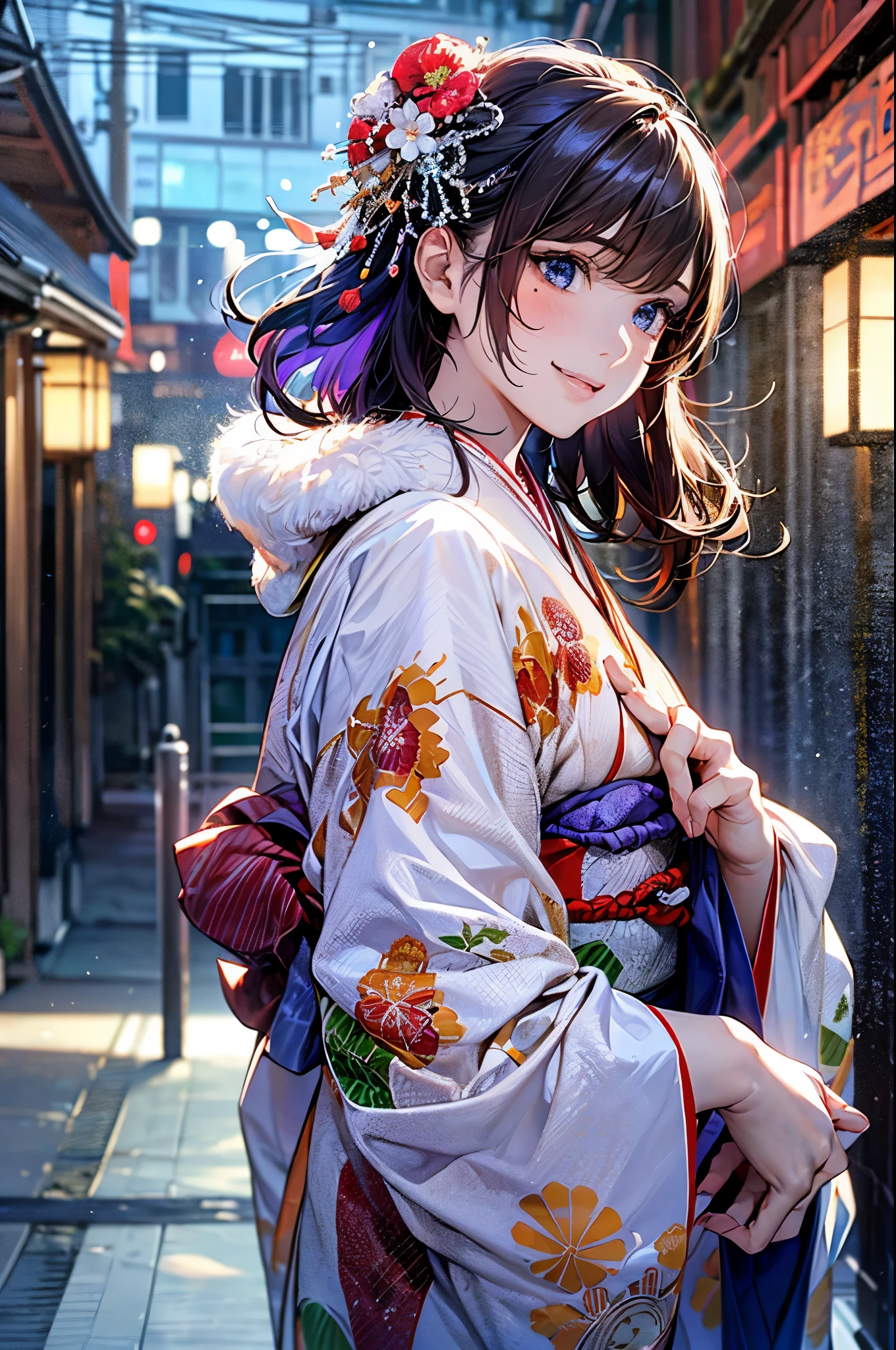 ((perfect anatomy, anatomically correct, super detailed skin)),
1 girl, japanese, high school girl, shiny skin, large breasts:0.5, looking away, looking up, watching the view, from below,
beautiful hair, beautiful face, beautiful detailed eyes, (middle hair:1.5, japanese hair:1.5), black hair, blue eyes, babyface, mole under eye,
((red floral kimono, hair ornament)),
((smile:1.5, open your mouth wide)), walking,
(beautiful scenery), winter, dawn, (new year's day, first visit), hokkaido, sapporo, outside hokkaido shrine, crowd, snow, snowfall:1.5, freezing weather, frost,
(8k, top-quality, masterpiece:1.2, extremely detailed), (photorealistic), beautiful illustration, cinematic lighting,