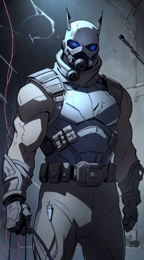 top-quality、Top image quality、masterpiece、One character((gray battle armor、white full face mask,White spacesuit、gas masks、Holding a knife in your right hand、hold a crowbar in your left hand、well-muscled、best macho、bulletproof vest、blood in fighting pose)),hiquality、Beautiful Art、Background with((Inside the spacecraft、dark ilumination、Dark smoke、broken cable))、masutepiece、Elaborate design、visualart、Perfect Art、Horror movie style、