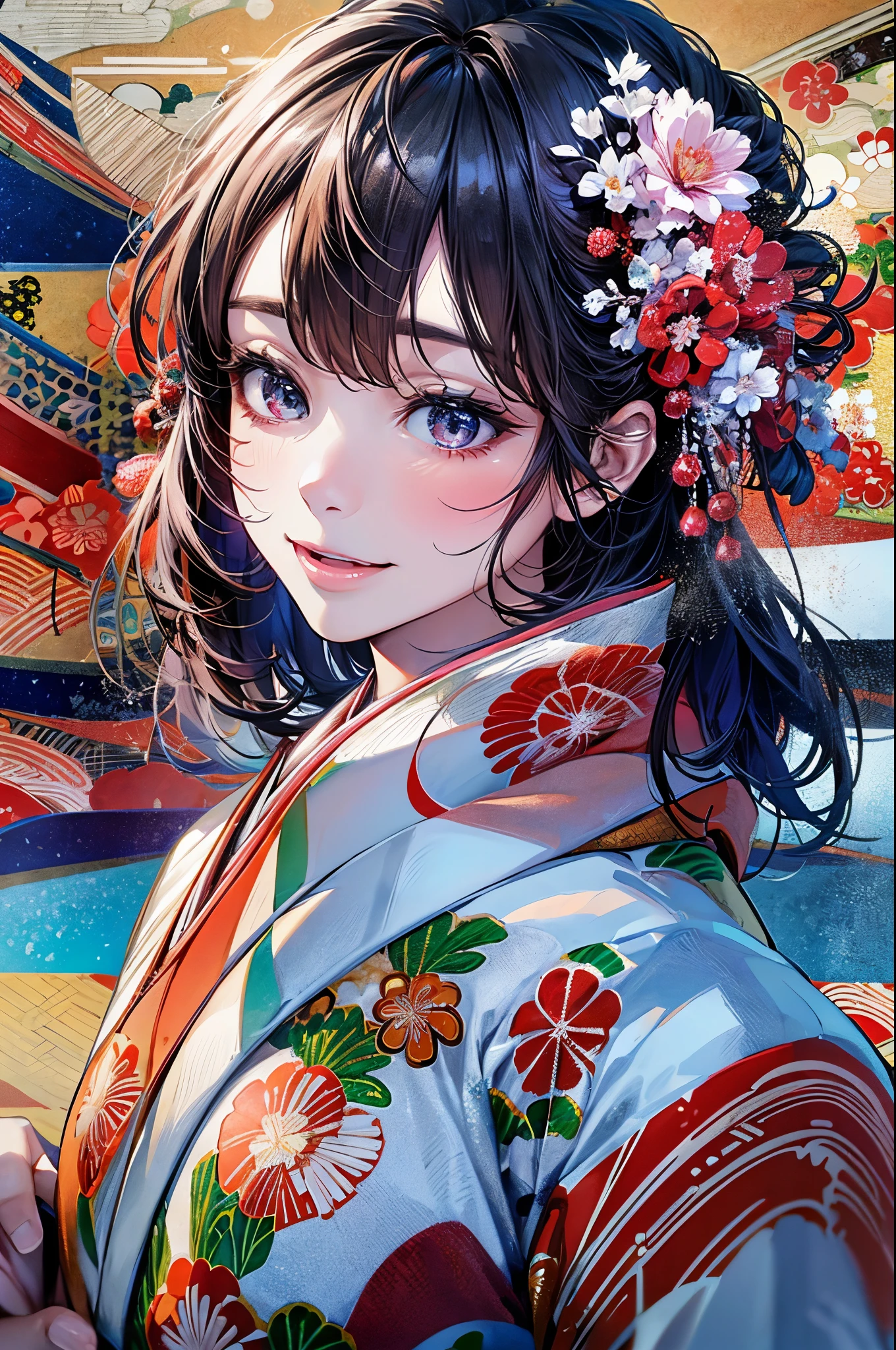 ((perfect anatomy, anatomically correct, super detailed skin)), 
1 girl, japanese, high school girl, shiny skin, large breasts:0.5, looking away, looking up, watching the view, from below, 
beautiful hair, beautiful face, beautiful detailed eyes, (middle hair:1.5, japanese hair:1.5), black hair, blue eyes, babyface, mole under eye, 
((red floral kimono, hair ornament)), 
((smile:1.5, open your mouth wide)), walking, 
(beautiful scenery), winter, dawn, (new year's day, first visit), hokkaido, sapporo, outside hokkaido shrine, crowd, snow, snowfall:1.5, freezing weather, frost, 
(8k, top-quality, masterpiece​:1.2, extremely detailed), (photorealistic), beautiful illustration, cinematic lighting,