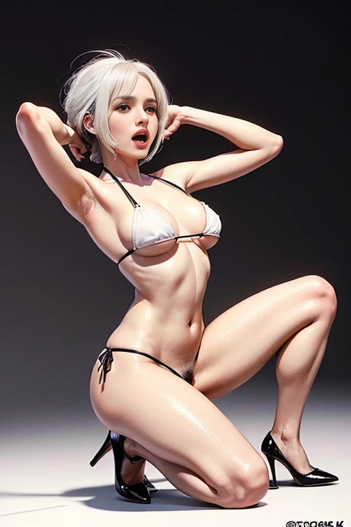 (best quality, 8k, highres, photorealistic:2.0), (solo, one girl:2.0),(woman looks at the viewer、Screaming with mouth wide open:1.5)、(Wearing micro-bikini only:2.0)、(No clothes:2.0)、(Shorthair、shiny skin:1.5)、(huge-breasted、slender waist line:1.5)、(her crotch is very hairy:1.7)、(black pubic hair:1.7),(Squat down on one knee and spread your legs apart.:1.5)、(raise both arms behind your head:1.5)、(Wearing only high heels:1.5)、lewd woman、(white hair color:1.5)