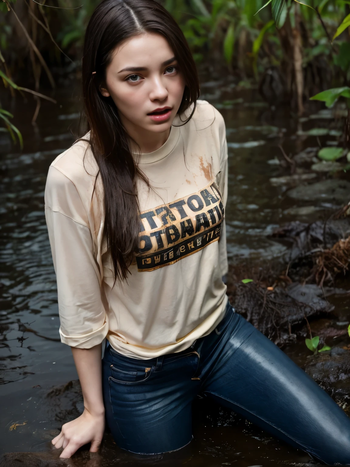 Psychological thriller, The woman, in full height, General plan, in the middle of the swamp, helplessly drowning in a swamp, jeans and T-shirt soaked in brown mud, Flares on jeans, Indulgence in a shameful fetish. stands, in full height, in dirty water, with a sharp face and. The woman'Pale skin contrasts with a dark background.............. natural skin textures, Detailed eyes and lips, Strong emotions, Losing control in fetish ecstasy