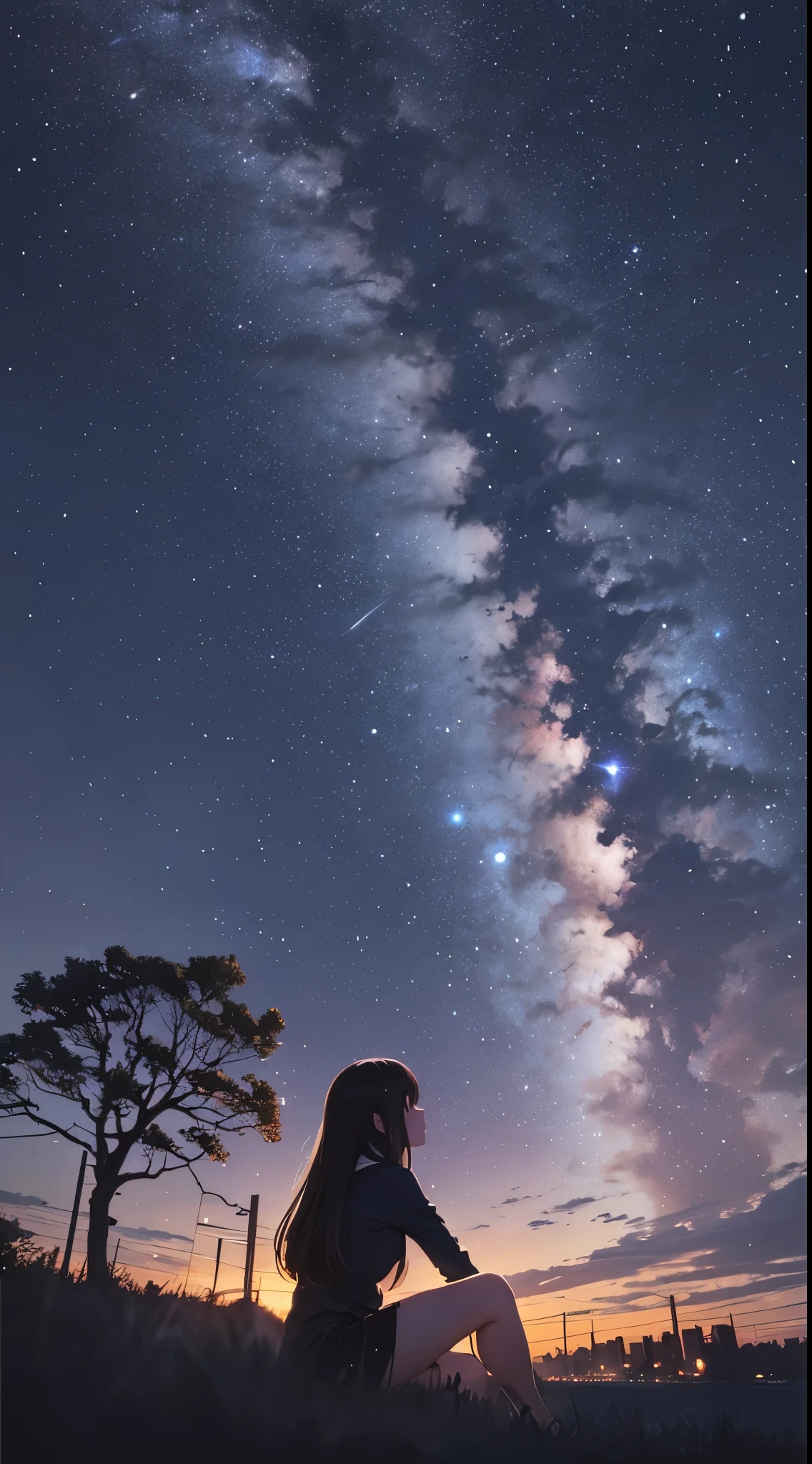 octans, sky, star (sky), scenery, starry sky, night, 1girl, night sky, solo, outdoors, building, cloud, milky way, sitting, tree, long hair, city, silhouette, cityscape --auto --s2