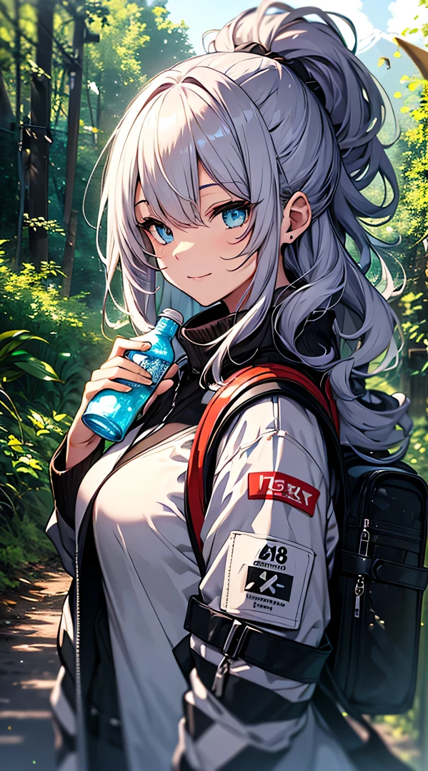 top-quality、Top image quality、masterpiece、s girl((18year old、 Ager、Best Bust、Medium bust,wide open breast tea、light blue eyerest, bionde、poneyTail、A slender,Large valleys、Black jacket、black glow black、white tank tops、blue military pants、rush light、行走、Happy face、camping rucksack、Holding a plastic bottle)),hiquality、Beautiful Art、Background with((jpn、Mt fuji、mountain road、the woods、))masutepiece、depth of fields、movie、visualart、Perfect Art