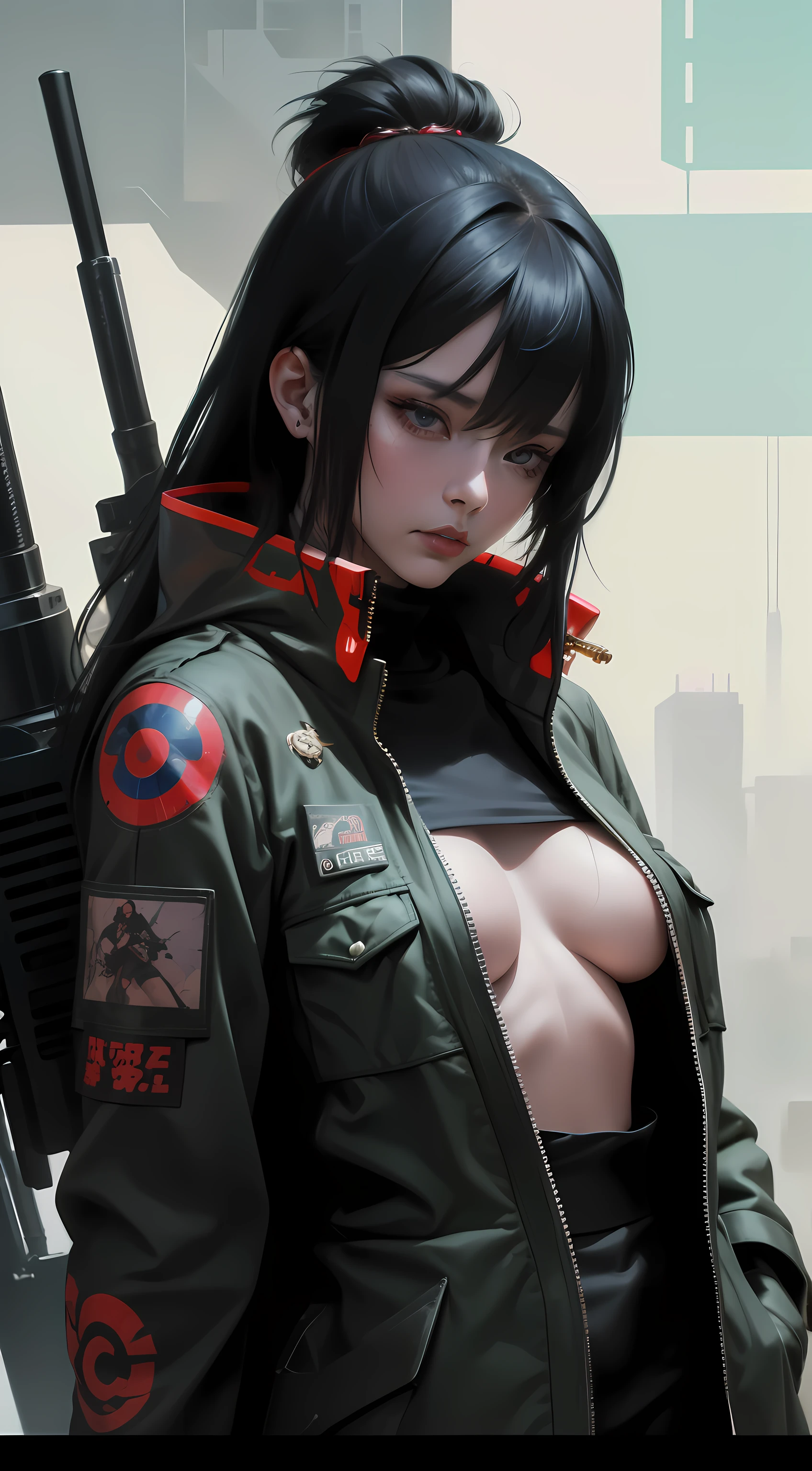 NSFW poster,dramatic scene,Cinematic scene,Takashi Murakami,Pop Culture Art,Detailed tattoos,Manga,Female NSFW Cyborg,Long jacket,SM Queen,mechanical design tattoo,Erotic,sadistic queen,sniper,Erotic Posing,fantrome,,kawaii,Stylish,,busty, Pubic hair,Glamour,Pop colors,Psychedelic Costume,Dynamic Angle,Cinematic scene,Armored,Cyberpunk dystopian girl,Fantastic Dystopia,Dystopian landscape,bladerunner,Ghost in the Shell,Photorealistic,Psychedelic and colorful tones,Posing,armaを構えて,guns,arma,masutepiece,ultimate detailed,8K,Detailed background