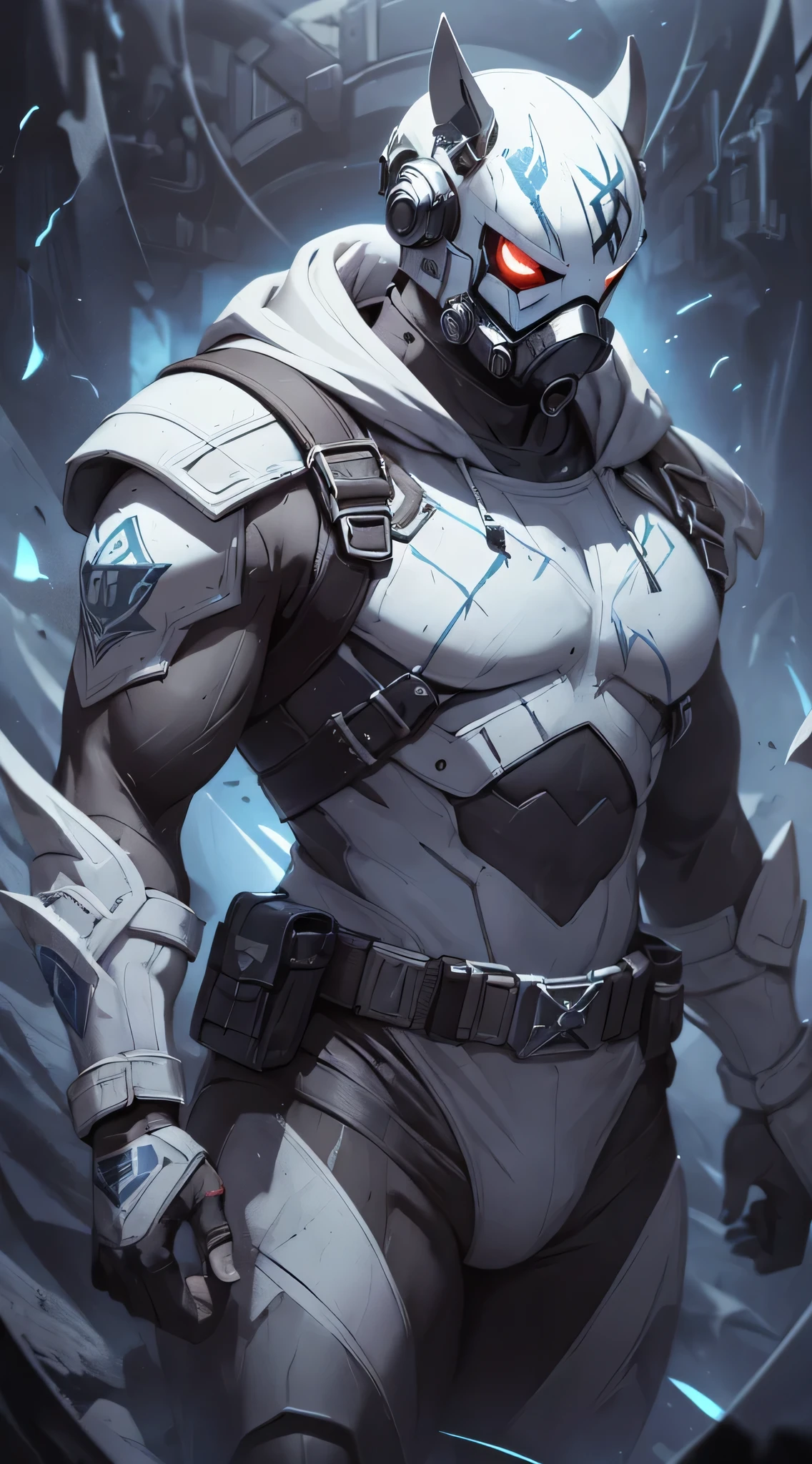 top-quality、Top image quality、masterpiece、One character((gray battle armor、white full face mask,White spacesuit、gas masks、Holding a knife in your right hand、hold a crowbar in your left hand、well-muscled、best macho、bulletproof vest、blood in fighting pose)),hiquality、Beautiful Art、Background with((Inside the spacecraft、dark ilumination、Dark smoke、broken cable))、masutepiece、Elaborate design、visualart、Perfect Art、Horror movie style、