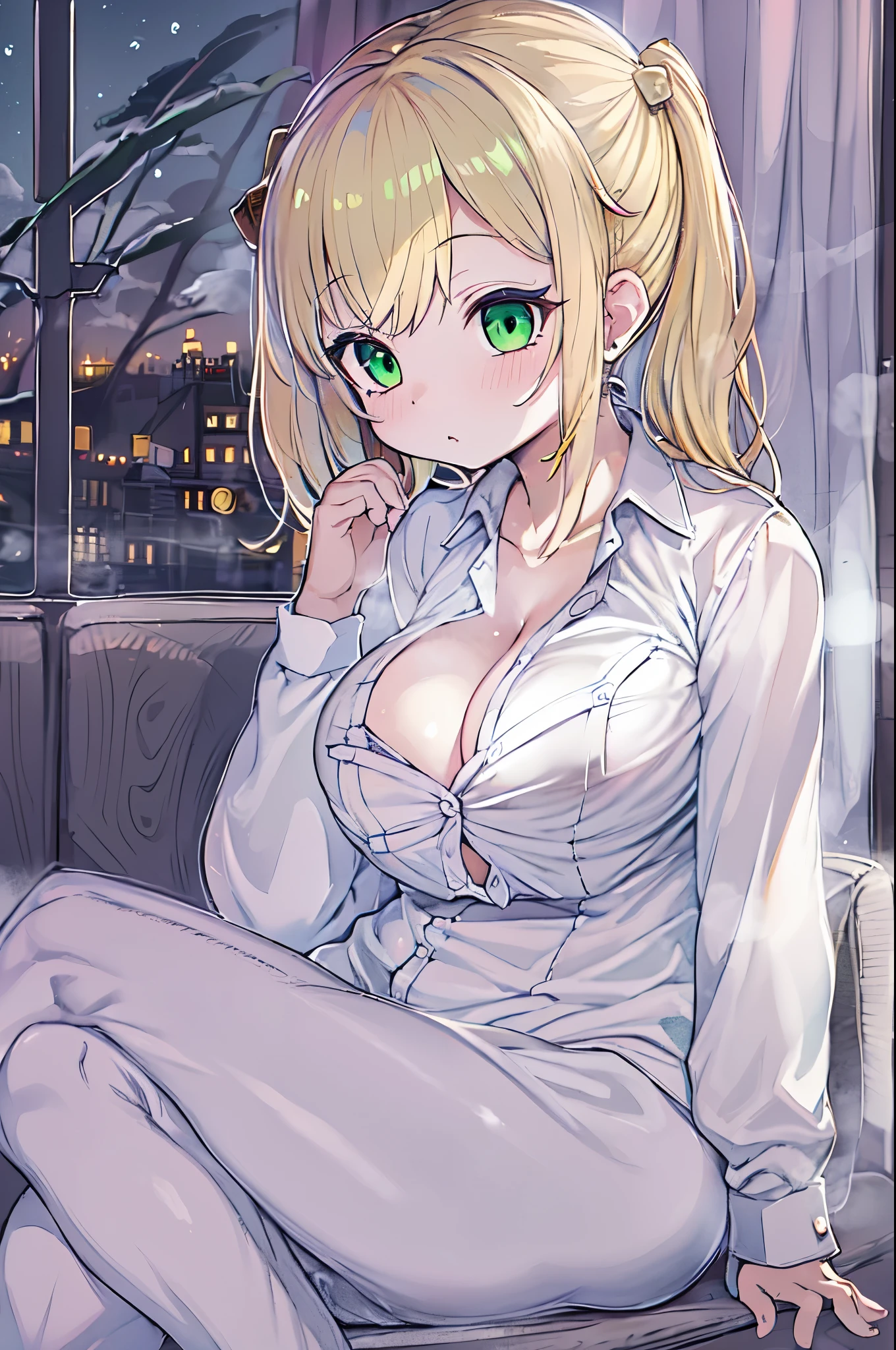 masterpiece, best quality, finely detailed, 1girl, (blonde), (bishoujo), cute, (green eyes), (eyelashes), (huge breasts), (cleavage), (white shirt:1.2), (open shirt), sitting on a sofa, lamp, window, night, delicate interior design,