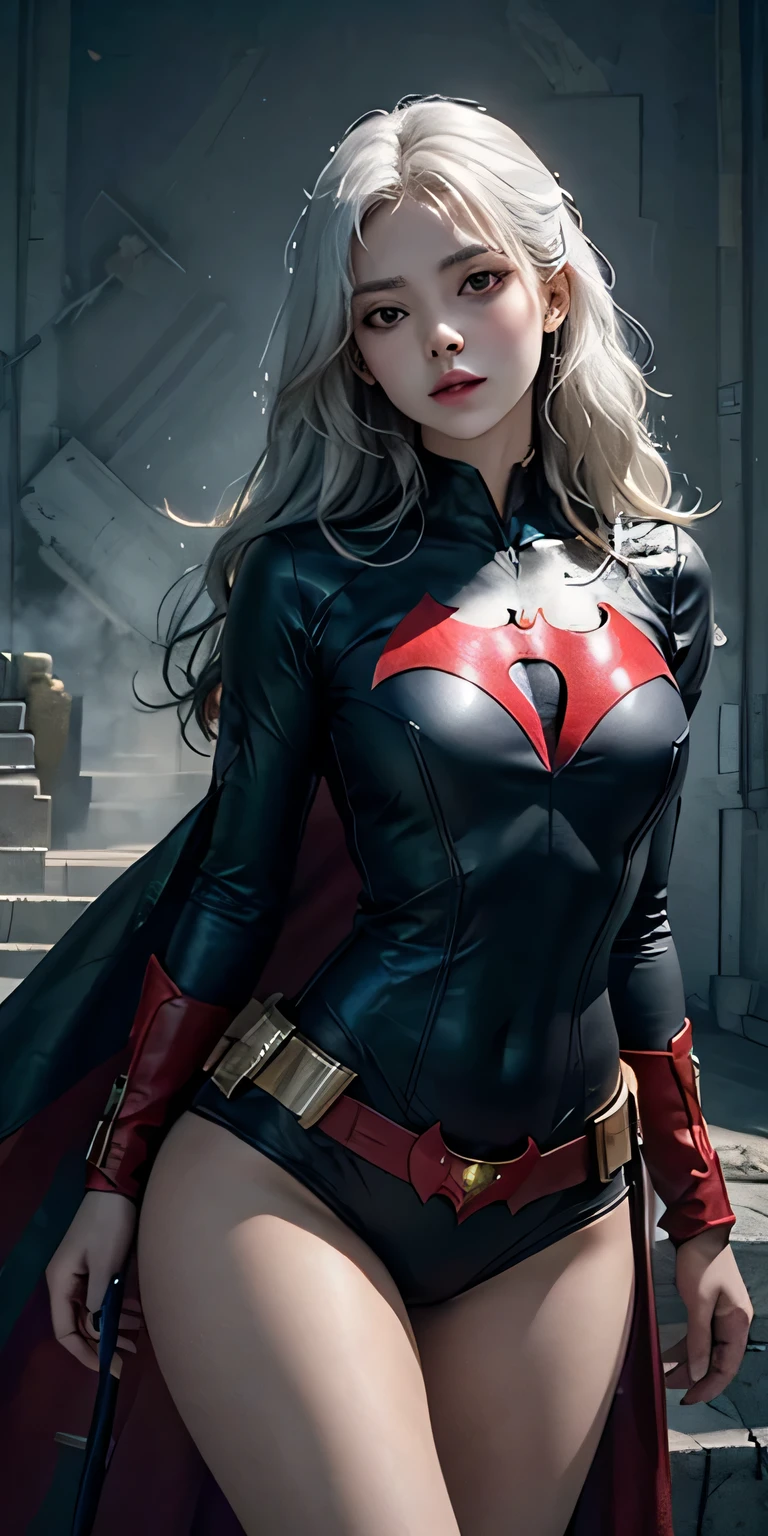 photorealistic, high resolution, soft light,1women, solo, hips up, shining skin, (detailed face), batwoman costume, jewelry, tattoo, white hair