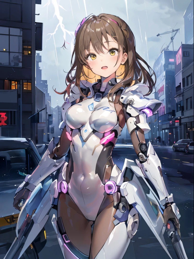 ((​masterpiece:1.4、top-quality))+、(ultra-detailliert)+、
1 girl in、cyberpunkcity, brown hair、hair wavy、mecha clothes、(robot girl)、Cool move、Silver Bodysuit、colorful backdrop、rainy day、(lightning effects)、Silver Dragon Armor、(cold face)、cowboy  shot、cute girl