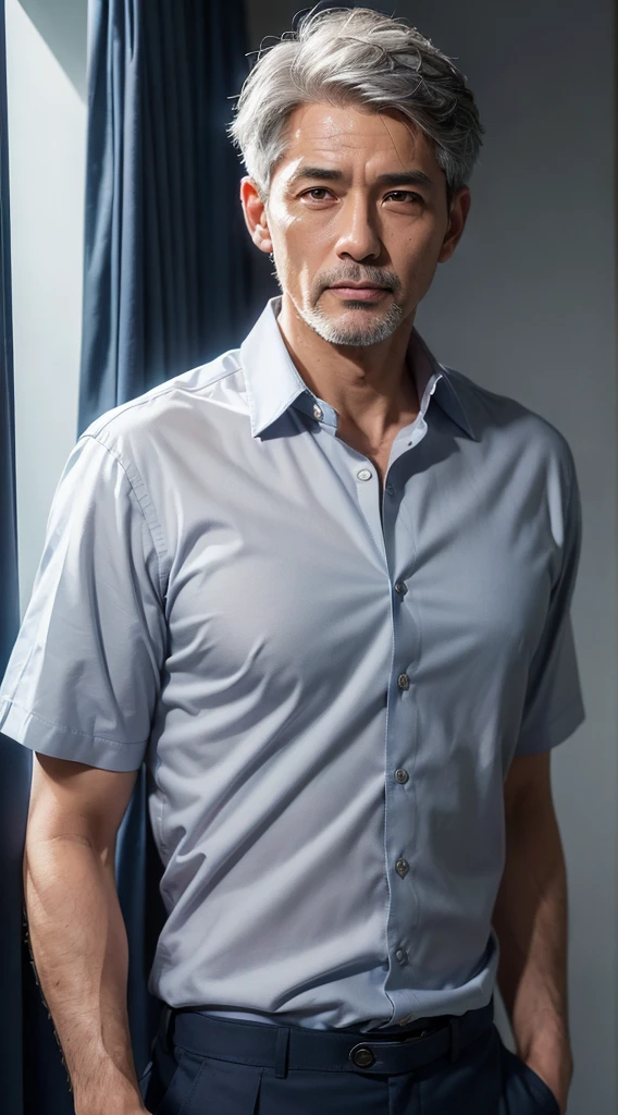 (Best Quality,​master piece,High resolution,Photorealsitic,Raw photo:1.3),upperbody shot,(Solo),(Man:1.2),Look at the viewer,(Gray hair mixed:1.2),(Navy Blue Collar Shirt),(short hair:1.2),(Asian,modeled:1.3),(Handsome:1.2),45 years old,In a luxury hotel room in Europe