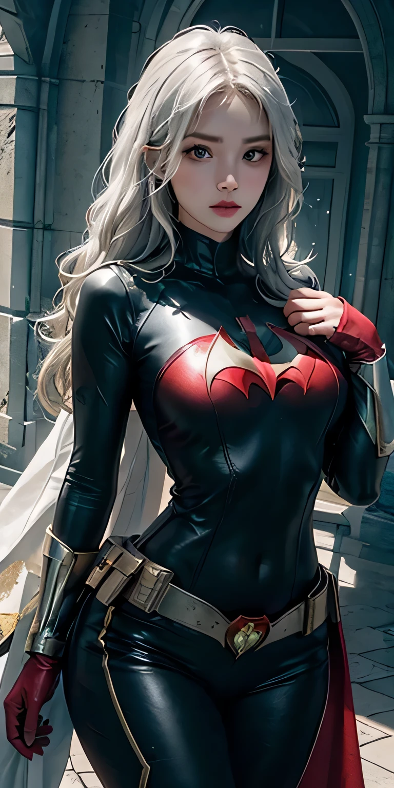 photorealistic, high resolution, soft light,1women, solo, hips up, shining skin, (detailed face), batwoman costume, jewelry, tattoo, white hair