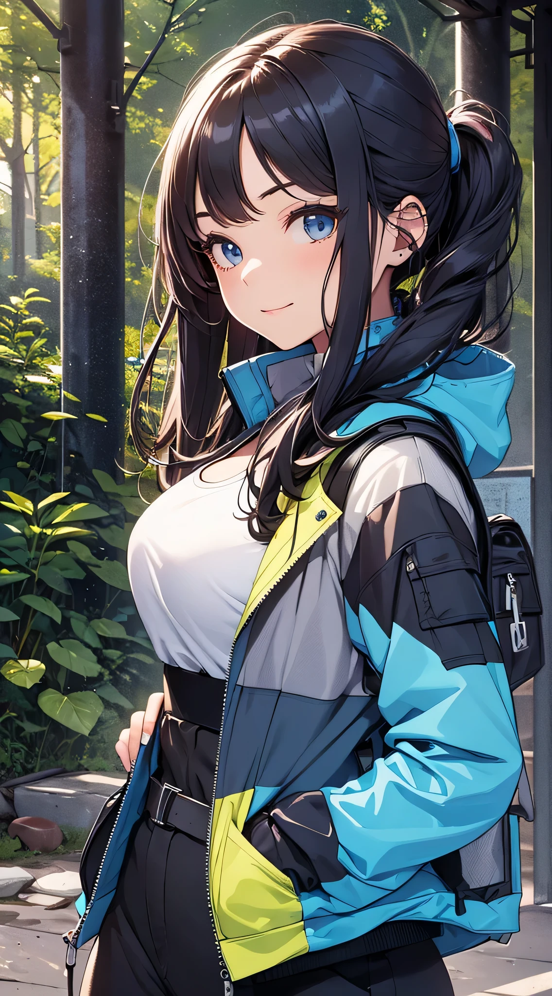 top-quality、Top image quality、​masterpiece、teens girl((18year old、 Ager、Best Bust、Medium bust,wide open breast tea、light blue eyerest, bionde、poneyTail、A slender,large volleyball rack jacket、black glove、white tank tops、blue military pants、rush light、行走、Happy face、camping rucksack、Holding a plastic bottle、facing front)),hiquality、Beautiful Art、Background with((jpn、Mt fuji、mountain road、the woods、))masutepiece、depth of fields、movie、visualart、Perfect Art