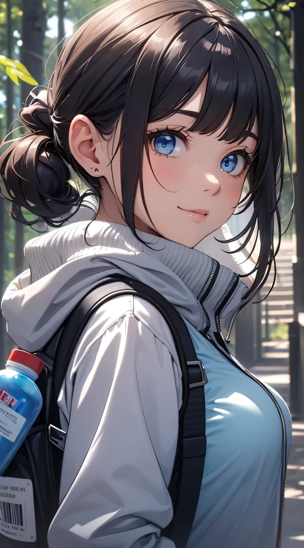 top-quality、Top image quality、masterpiece、s girl((18year old、 Ager、Best Bust、Medium bust,wide open breast tea、light blue eyerest, bionde、poneyTail、A slender,large volleyball rack jacket、black glove、white tank tops、blue military pants、rush light、行走、Happy face、camping rucksack、Holding a plastic bottle、facing front)),hiquality、Beautiful Art、Background with((jpn、Mt fuji、mountain road、the woods、))masutepiece、depth of fields、movie、visualart、Perfect Art
